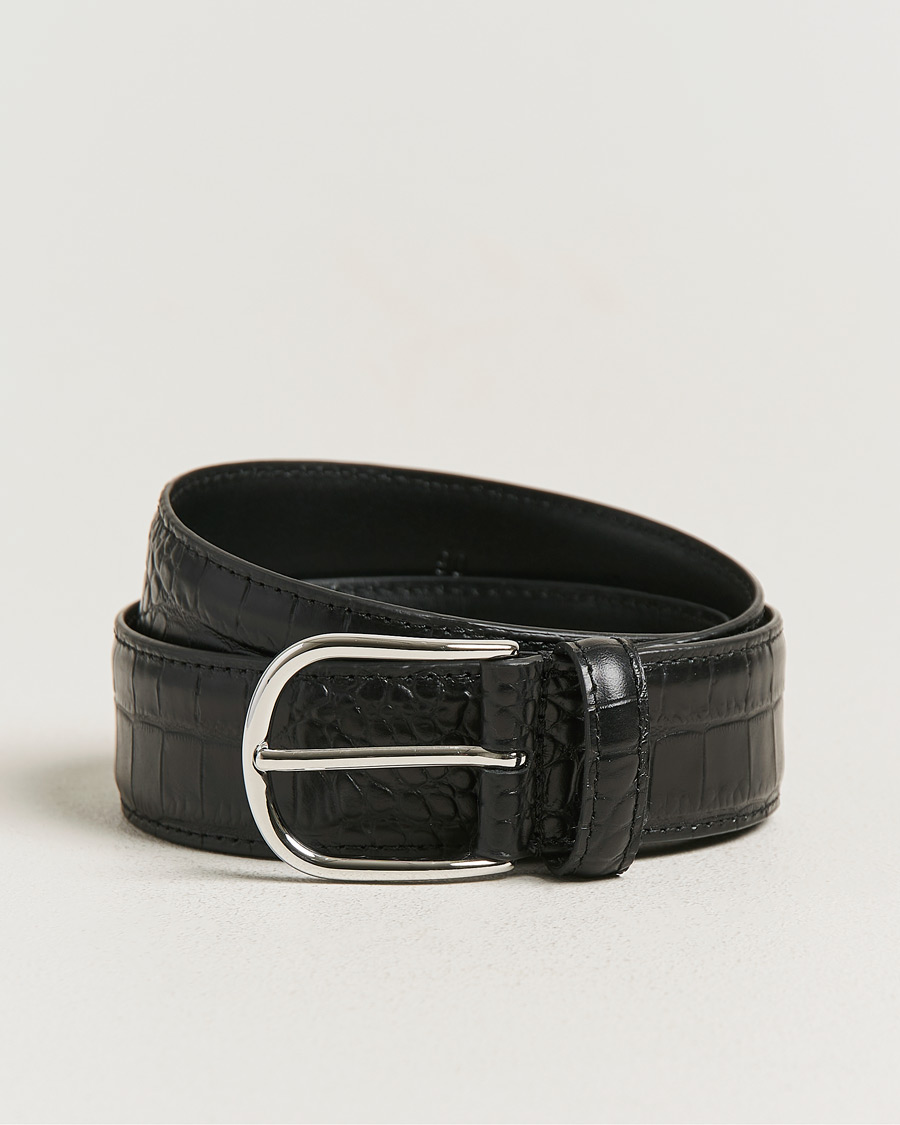 Men | Belts | Anderson's | Embossed 3,5cm Leather Belt Black