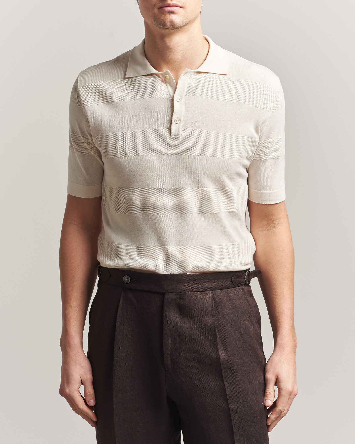 Men | Polo Shirts | Altea | Block Stripe Knitted Polo Off White