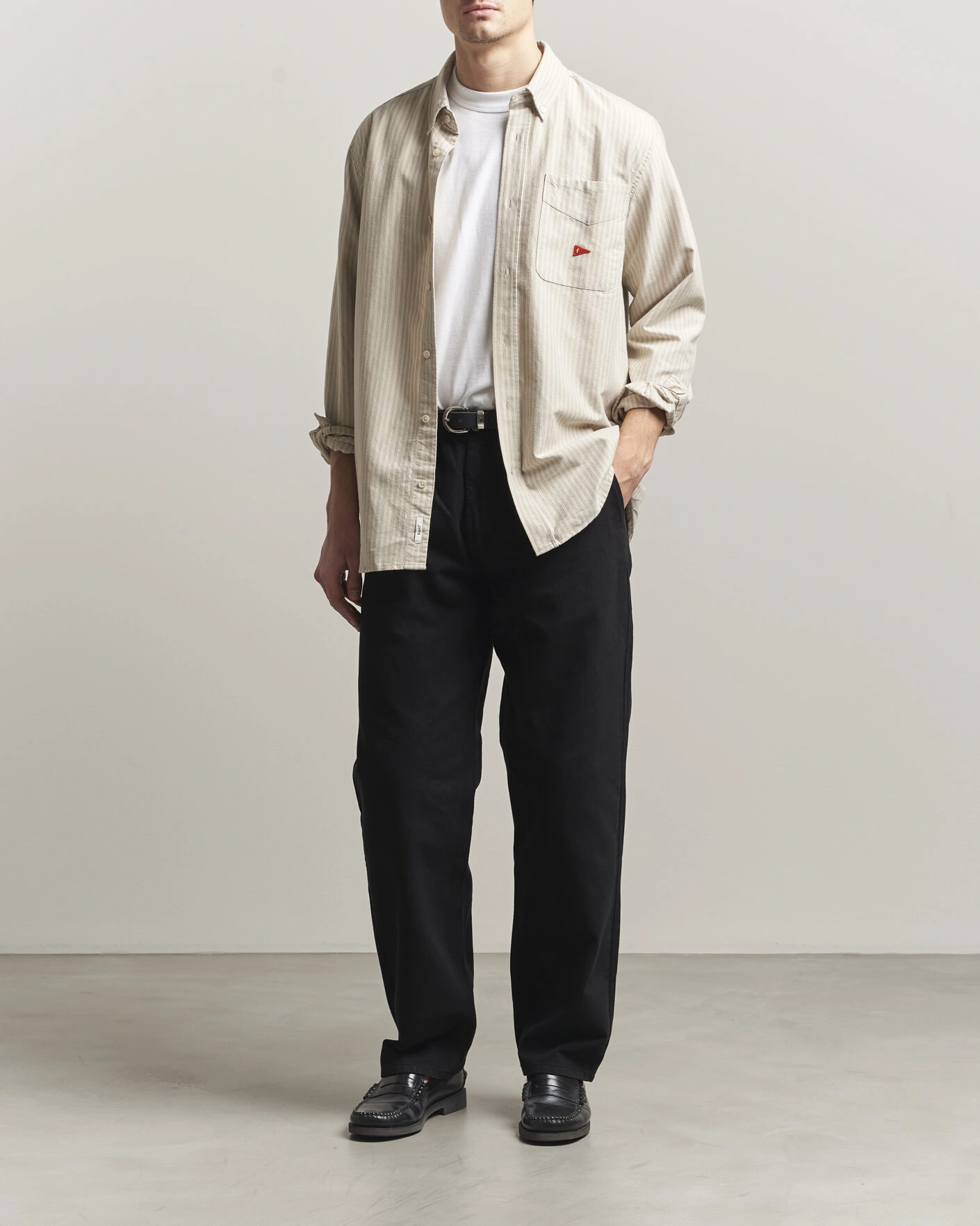 Men | Shirts | Forét | Flag Regular Fit Pocket Oxford Shirt Taupe Stripe