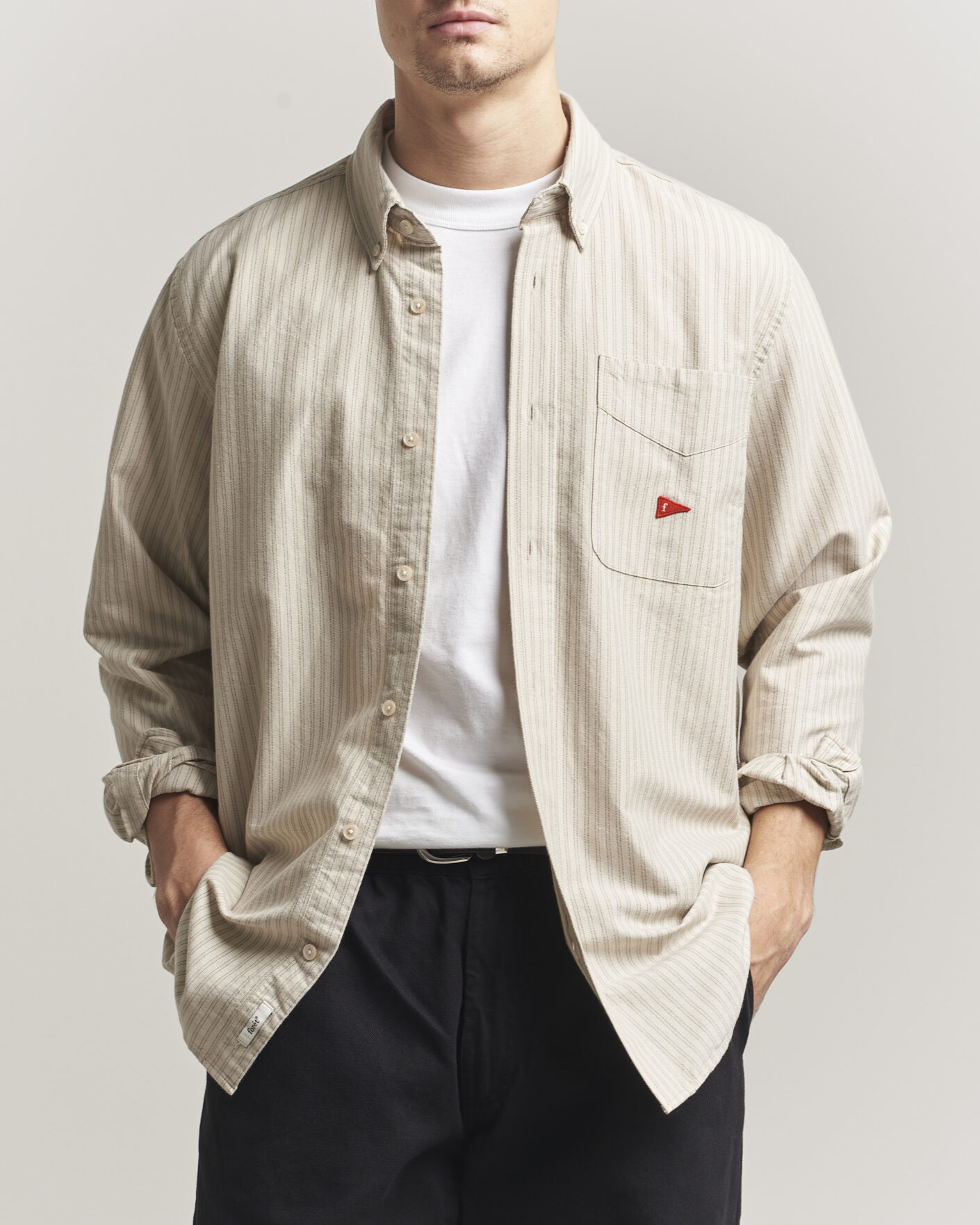 Men | Shirts | Forét | Flag Regular Fit Pocket Oxford Shirt Taupe Stripe