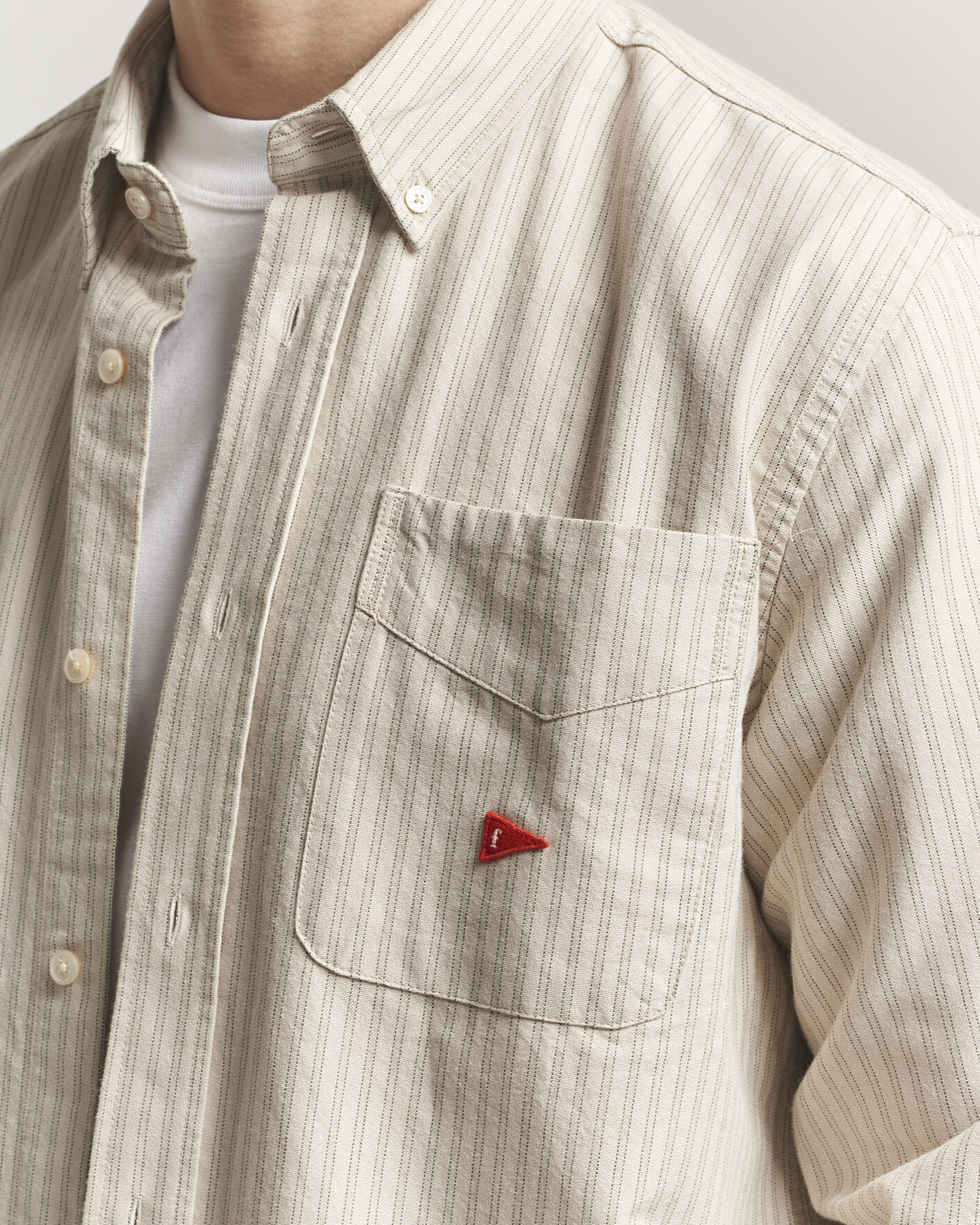 Men | Shirts | Forét | Flag Regular Fit Pocket Oxford Shirt Taupe Stripe