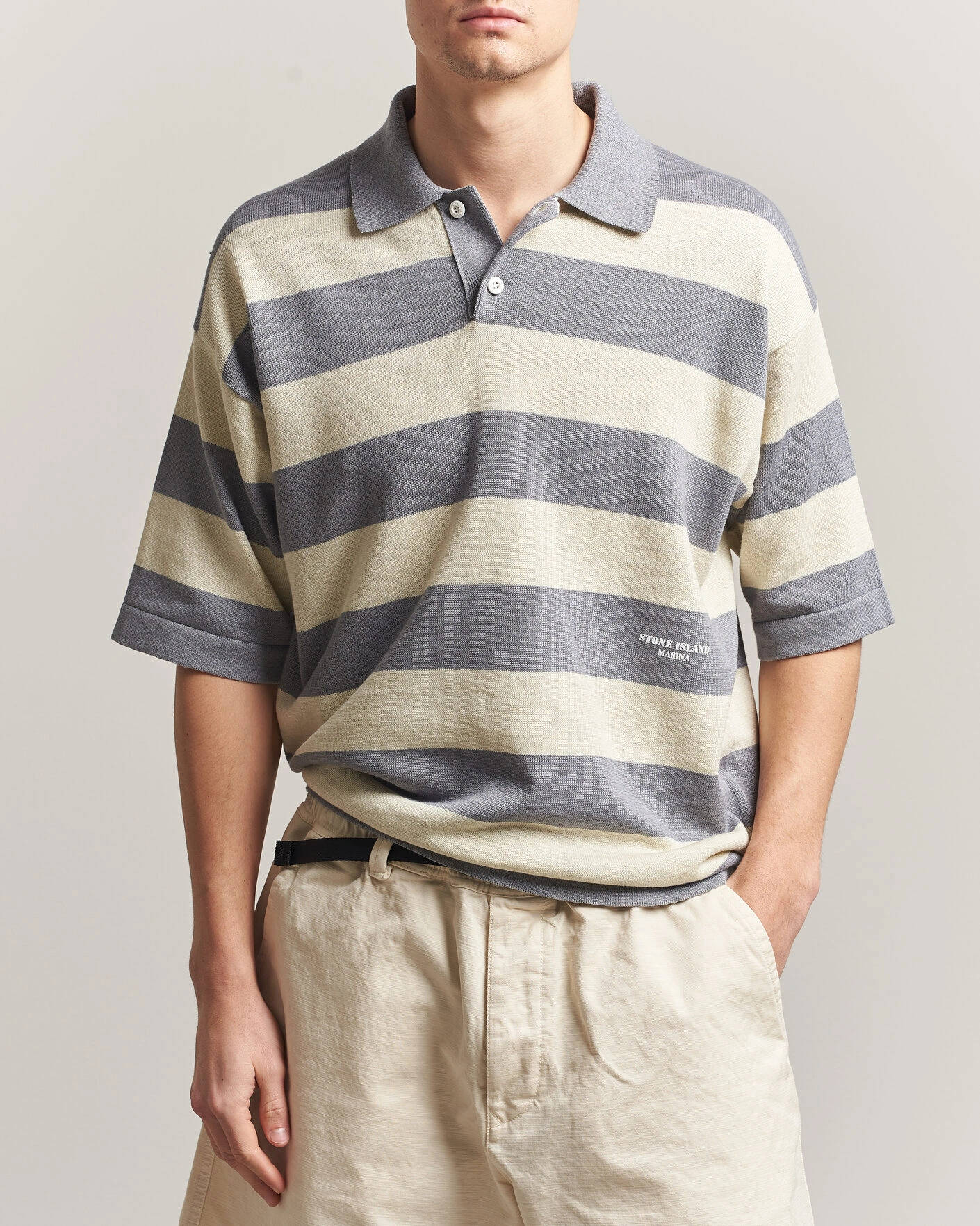 Men | Polo Shirts | Stone Island | Marina Knitted  Cotton/Linen Polo Ivory Melange