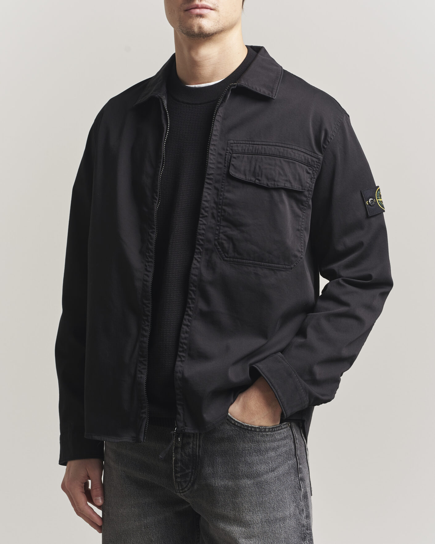 Men | Shirts | Stone Island | Cotton Stretch Zip Overshirt Black