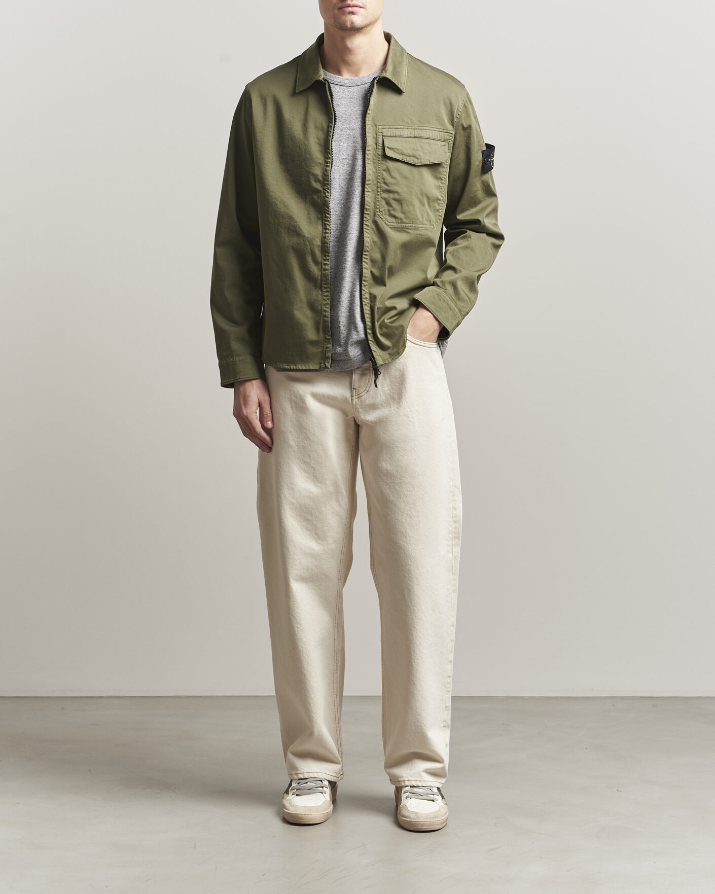 Men | Shirts | Stone Island | Cotton Stretch Zip Overshirt Military Green