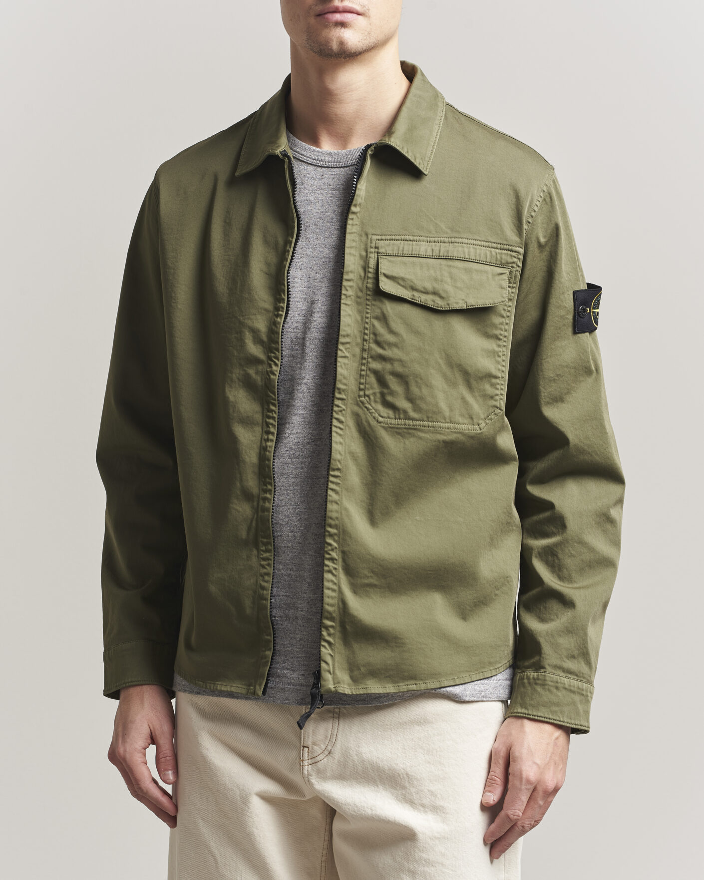 Men | Shirts | Stone Island | Cotton Stretch Zip Overshirt Military Green