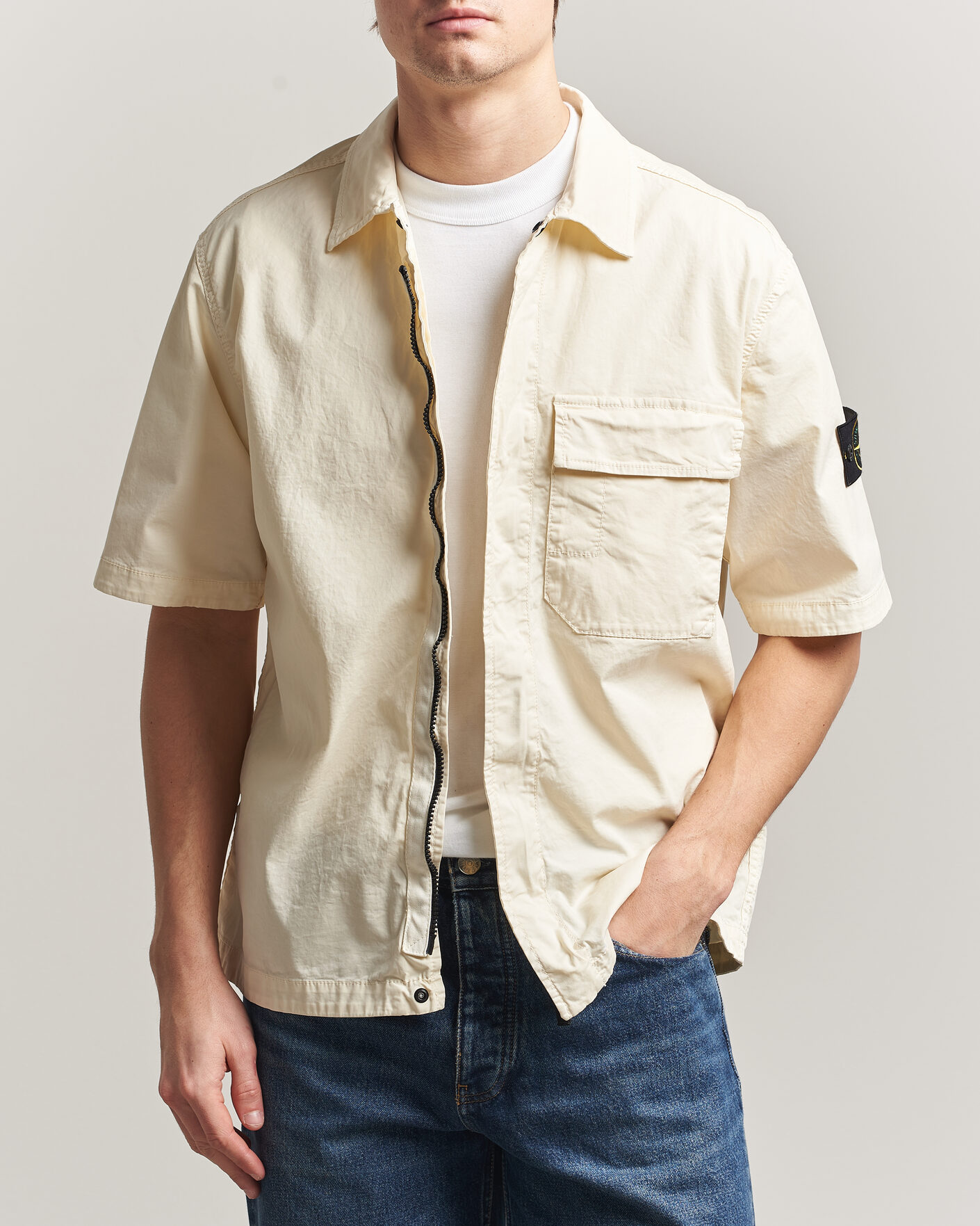 Men | Shirts | Stone Island | Organic Cotton Twill Short Sleeve Shirt Ivory
