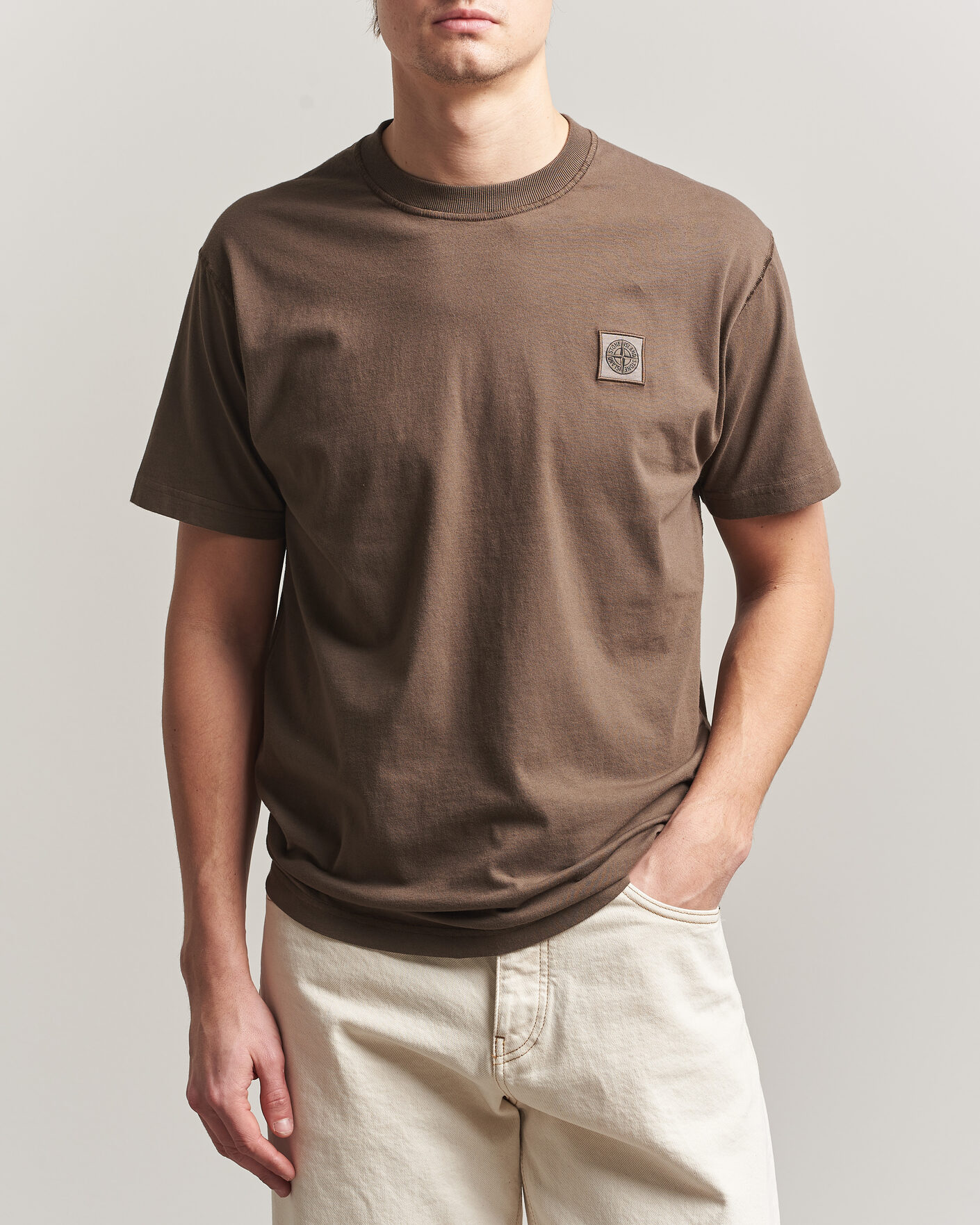 トップス Stone  2019Jersey Placcato T-Shirt Stone Island Organic Cotton Fissato Effect T-Shirt Umber at