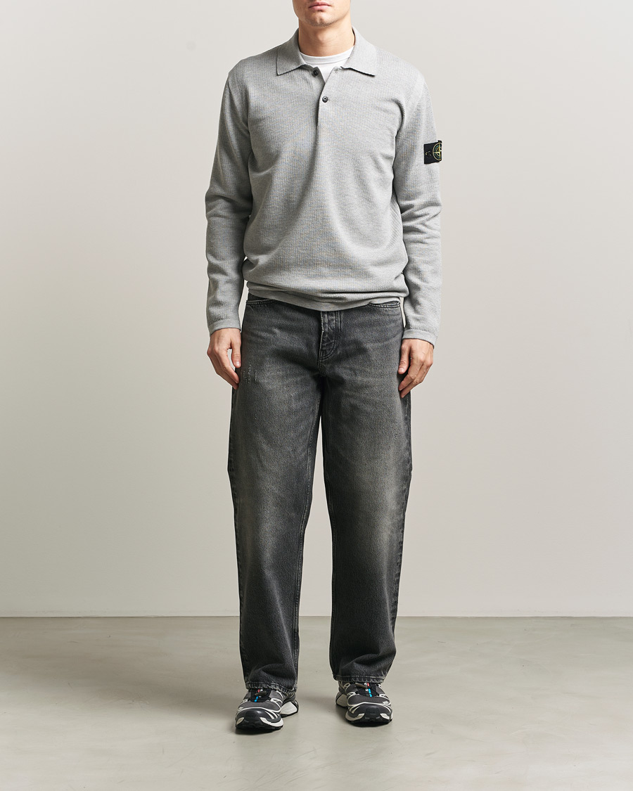 Men | Sweaters & Knitwear | Stone Island | Micro Stitch Knitted Cotton Polo Melange Pearl Grey