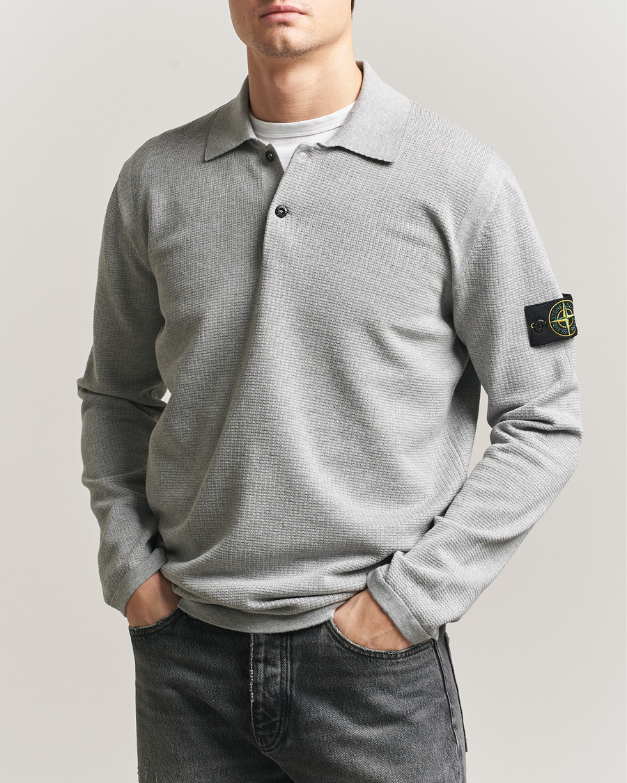 Men | Sweaters & Knitwear | Stone Island | Micro Stitch Knitted Cotton Polo Melange Pearl Grey