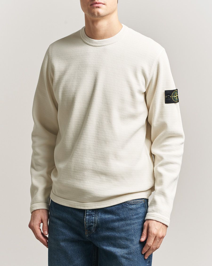 Men | Sweaters & Knitwear | Stone Island | Mesh Stitch Organic Cotton Fleece Crewneck Ivory