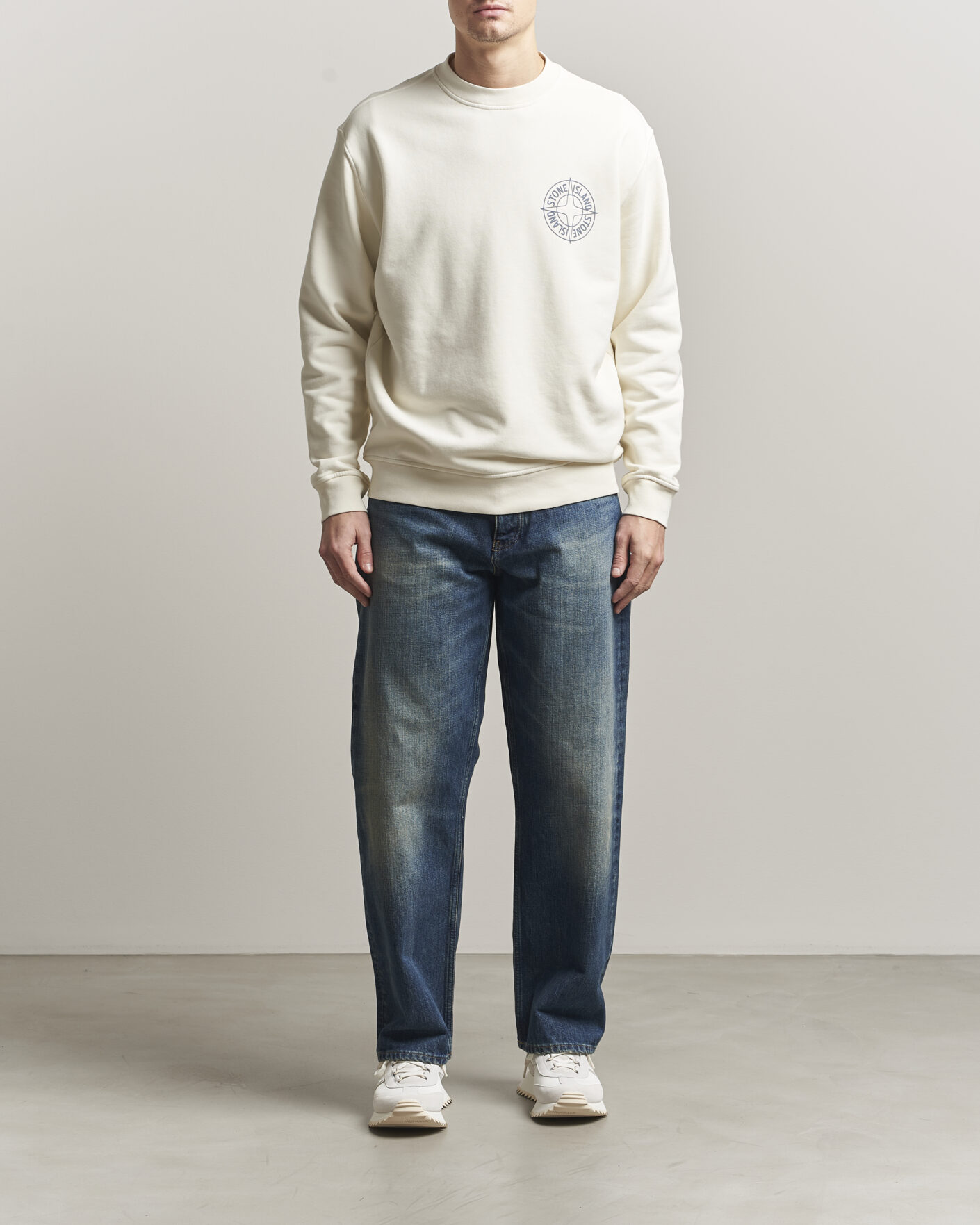 Men | Sweaters & Knitwear | Stone Island | Cotton Fleece Printed Logo Sweatshirt Ivory