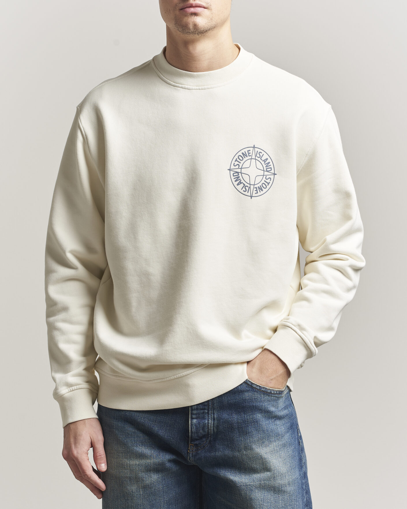 Men | Sweaters & Knitwear | Stone Island | Cotton Fleece Printed Logo Sweatshirt Ivory