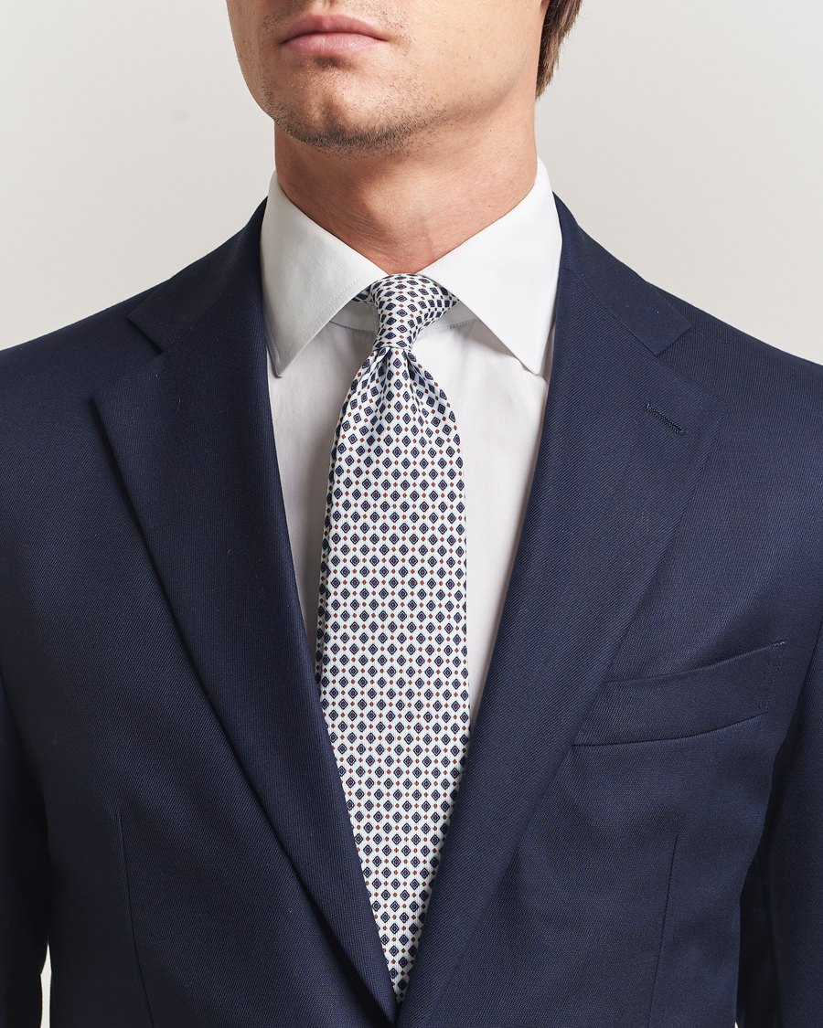 Men | Ties | E. Marinella | 3-Fold Printed Silk Tie Blue/White