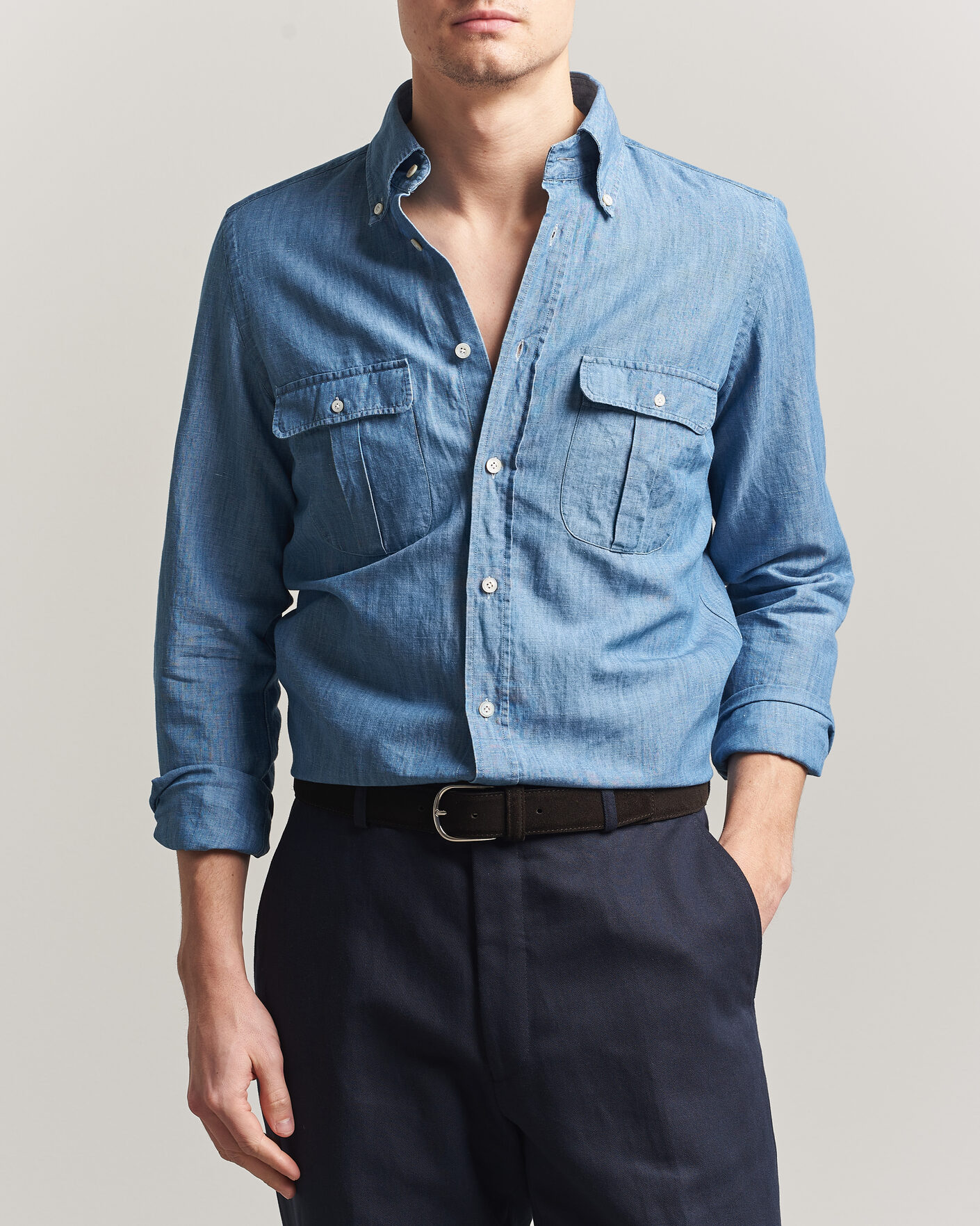 Men | Shirts | Finamore Napoli | Double Pocket Overshirt Light Blue