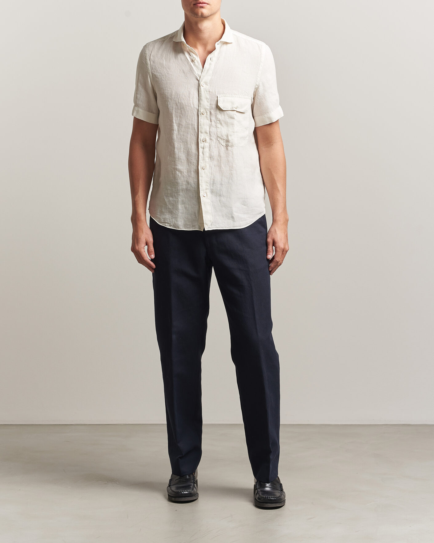 Men | Shirts | Finamore Napoli | Linen Short Sleeve Sport Shirt Off White