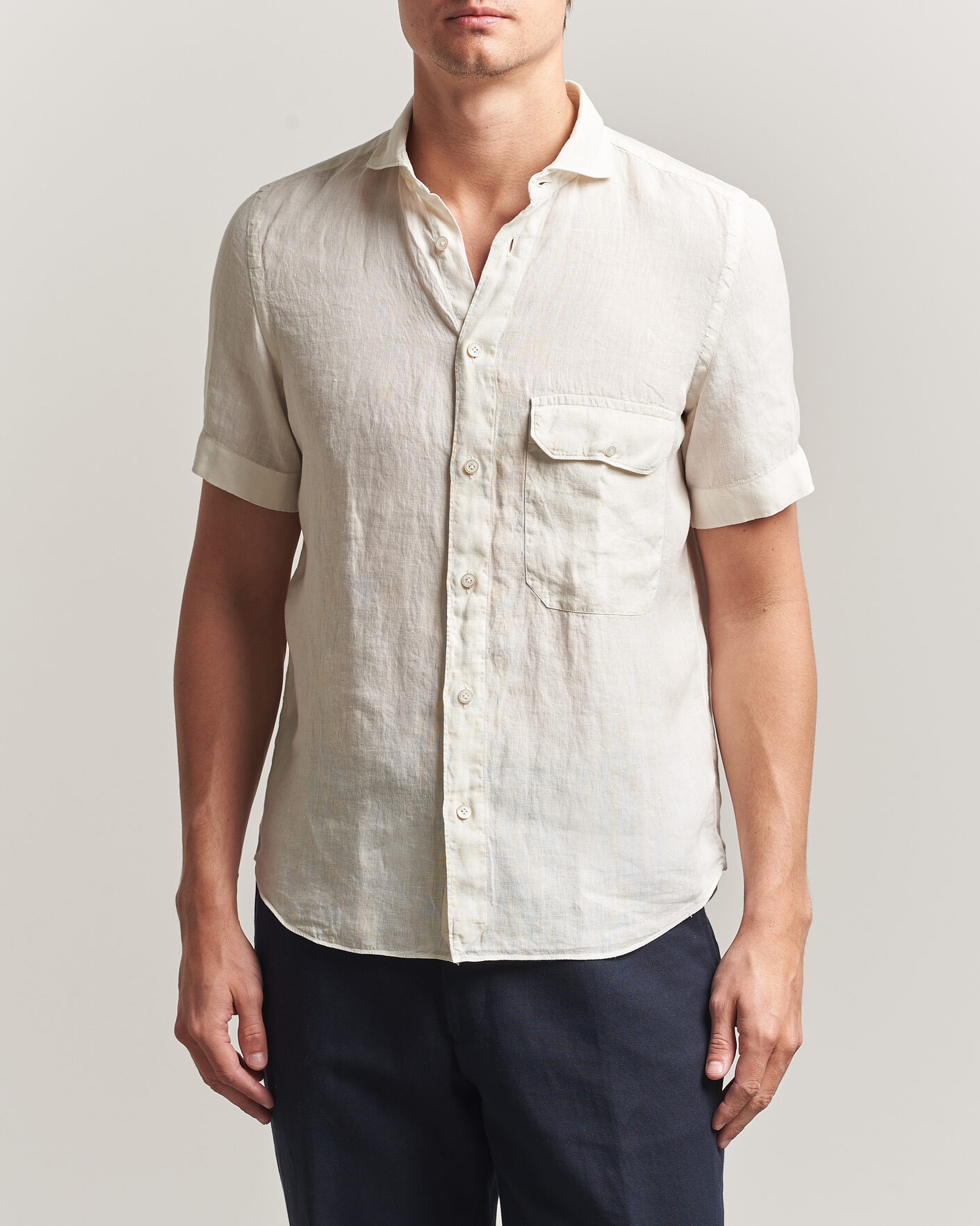 Men | Shirts | Finamore Napoli | Linen Short Sleeve Sport Shirt Off White