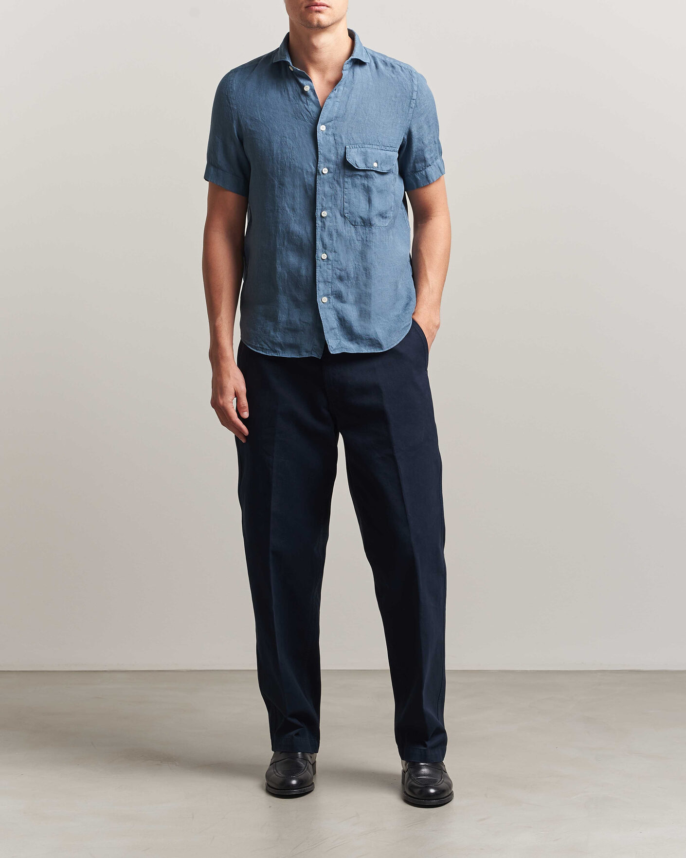 Men | Shirts | Finamore Napoli | Linen Short Sleeve Sport Shirt Dark Blue