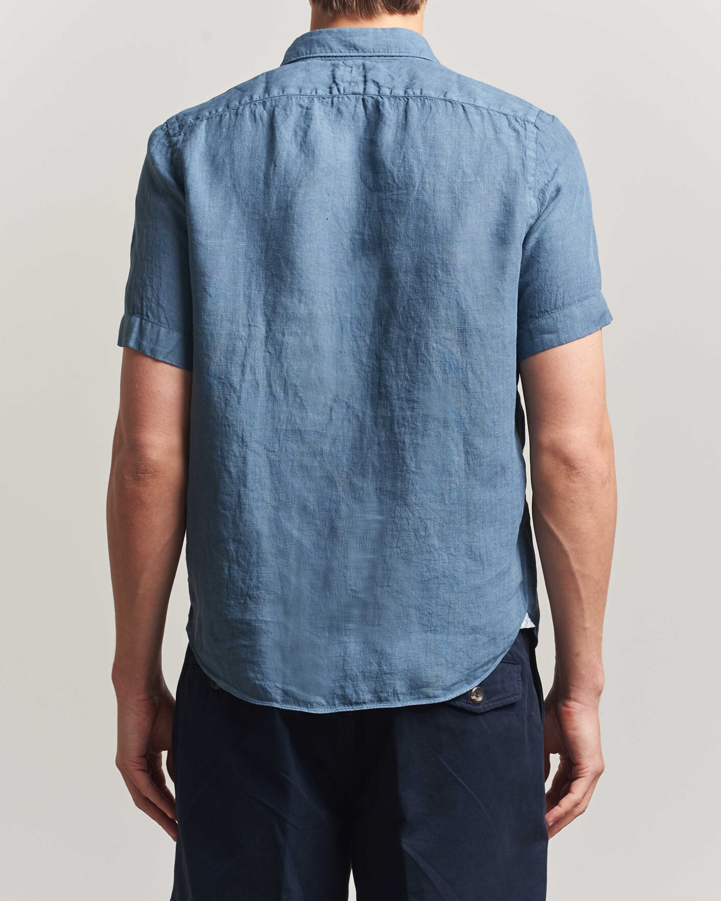 Men | Shirts | Finamore Napoli | Linen Short Sleeve Sport Shirt Dark Blue