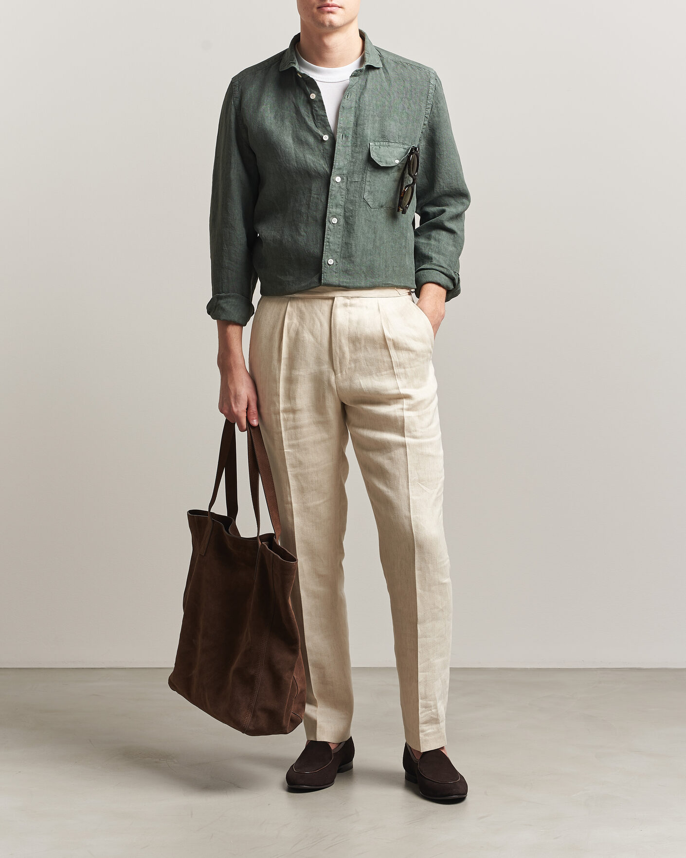 Men | Shirts | Finamore Napoli | Salina Garment Dyed Linen Overshirt Dark Green
