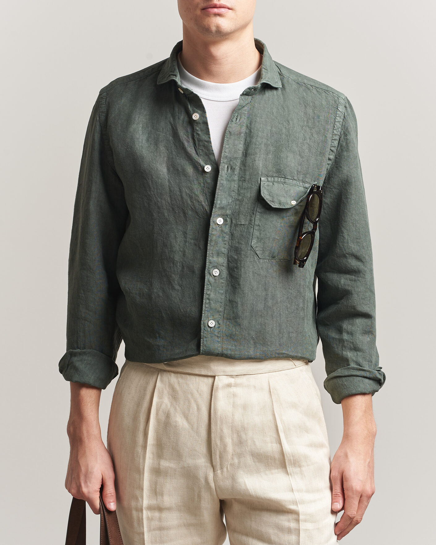Men | Shirts | Finamore Napoli | Salina Garment Dyed Linen Overshirt Dark Green
