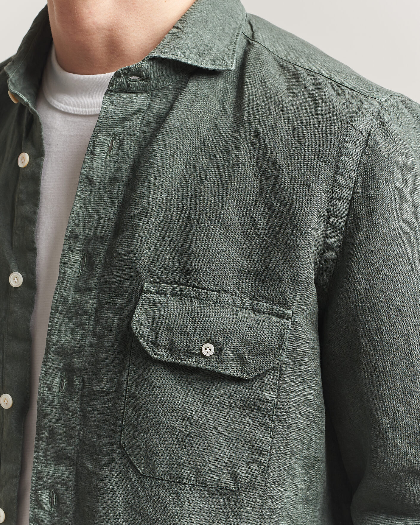 Men | Shirts | Finamore Napoli | Salina Garment Dyed Linen Overshirt Dark Green