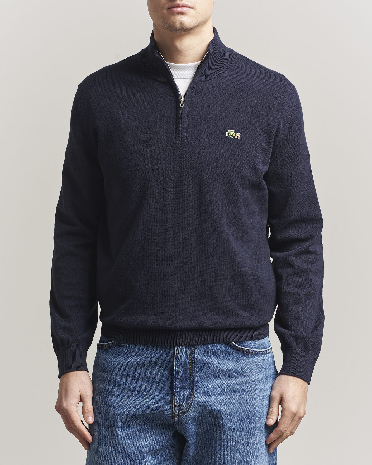 Men | Sweaters & Knitwear | Lacoste | Cotton Knitted Half Zip Navy Blue