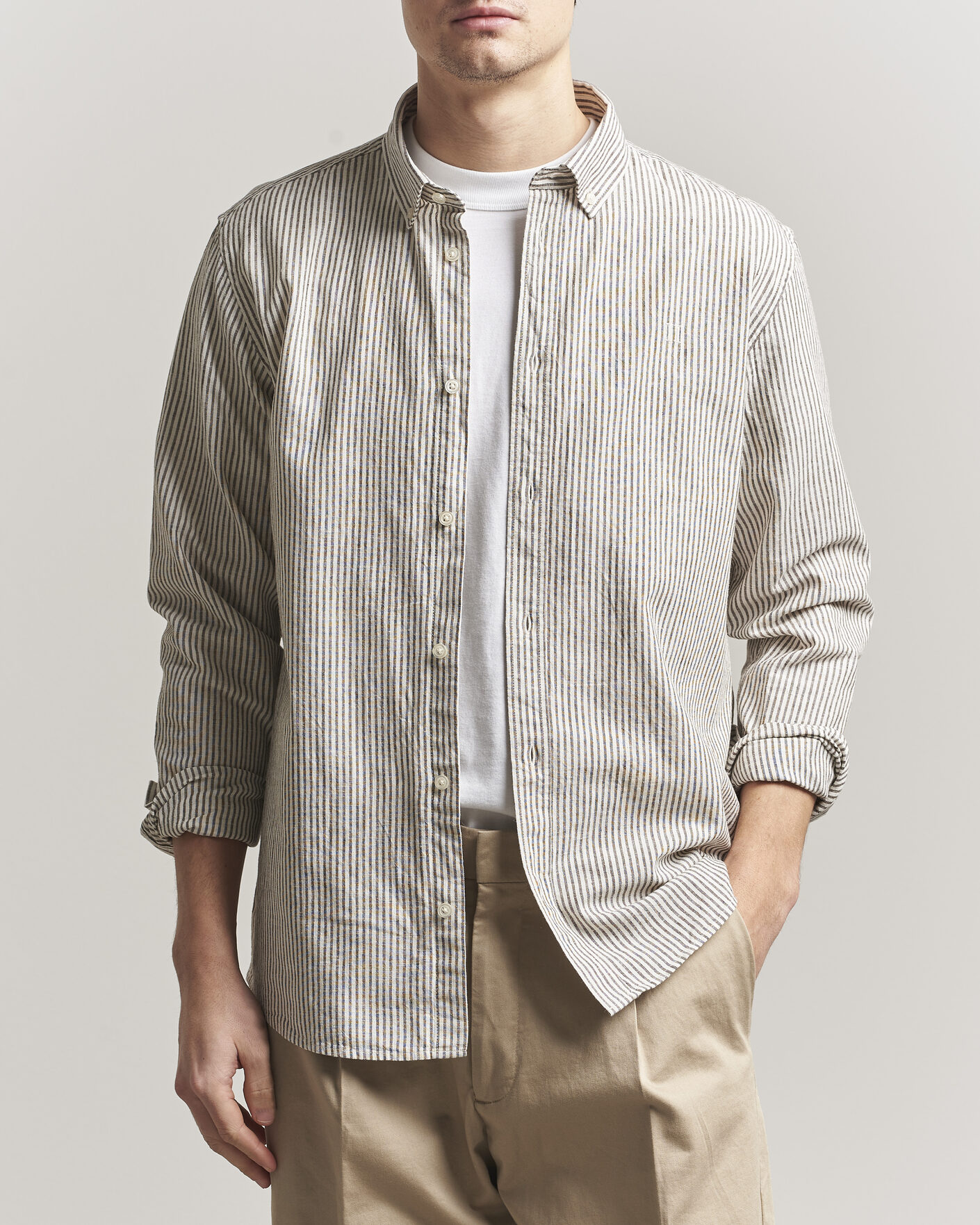 Men | Shirts | LES DEUX | Konrad Striped Cotton/Linen Shirt Teak Brown