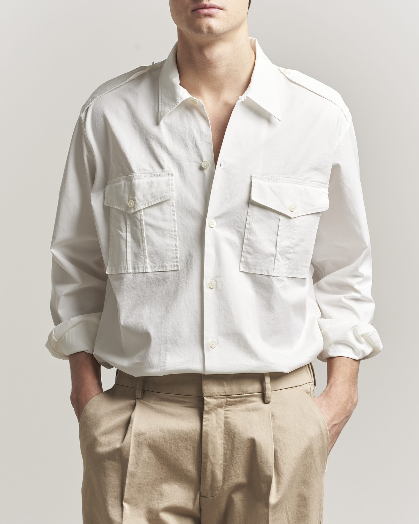 Men | Shirts | Massimo Alba | Army Double Pocket Shirt White