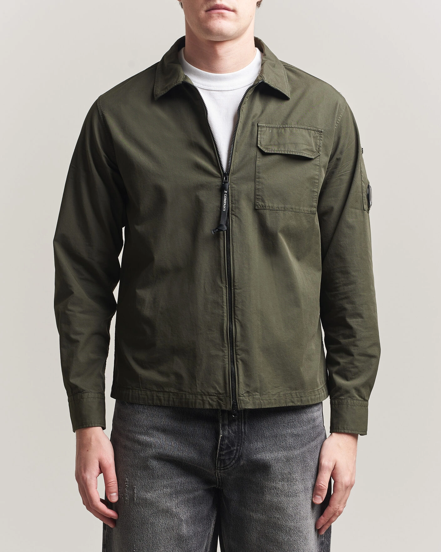Men | Shirts | C.P. Company | Garment Dyed Gabardine Zip Overshirt Dark Green