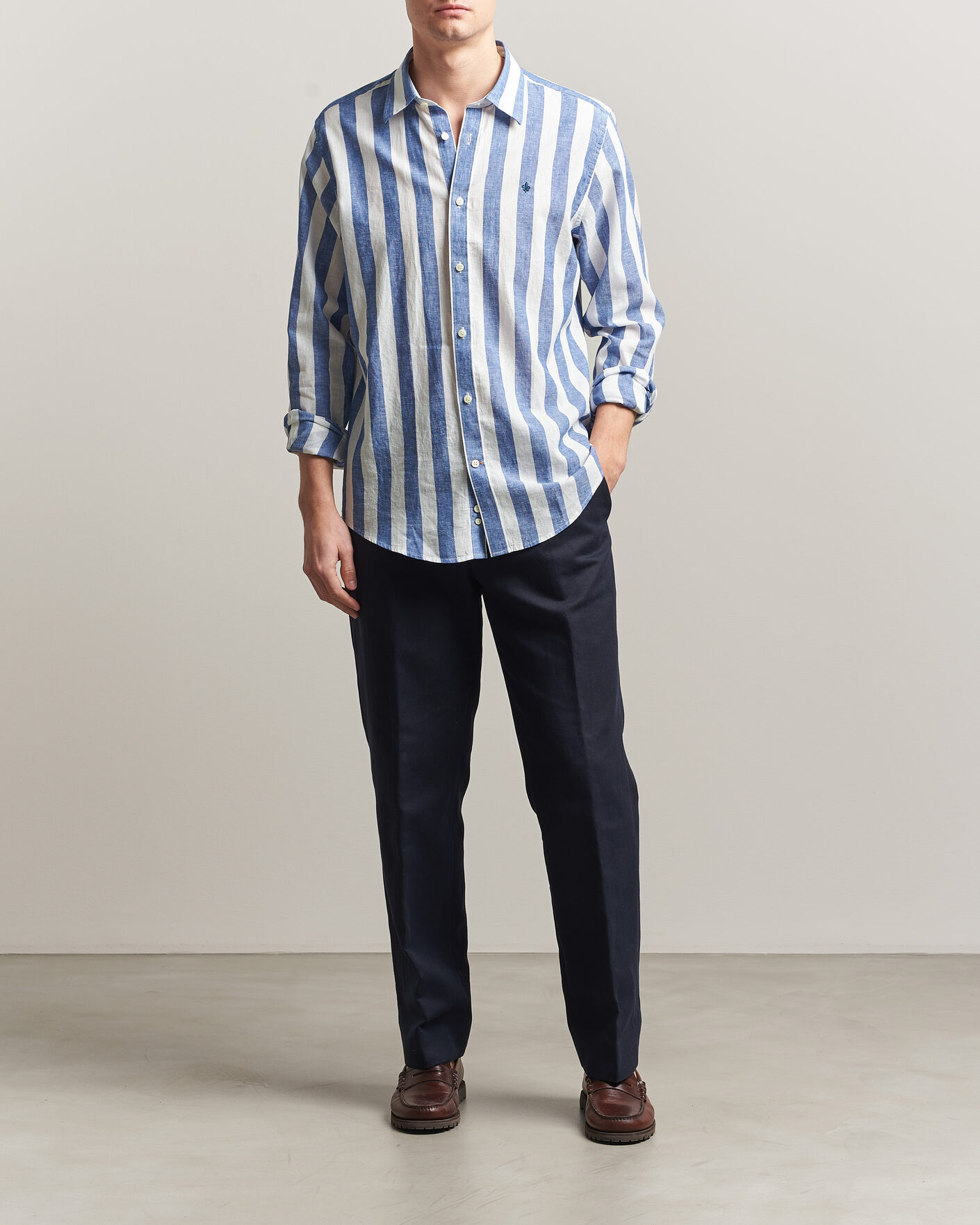 Men | Shirts | Morris | Douglas Linen Striped Shirt Blue/White