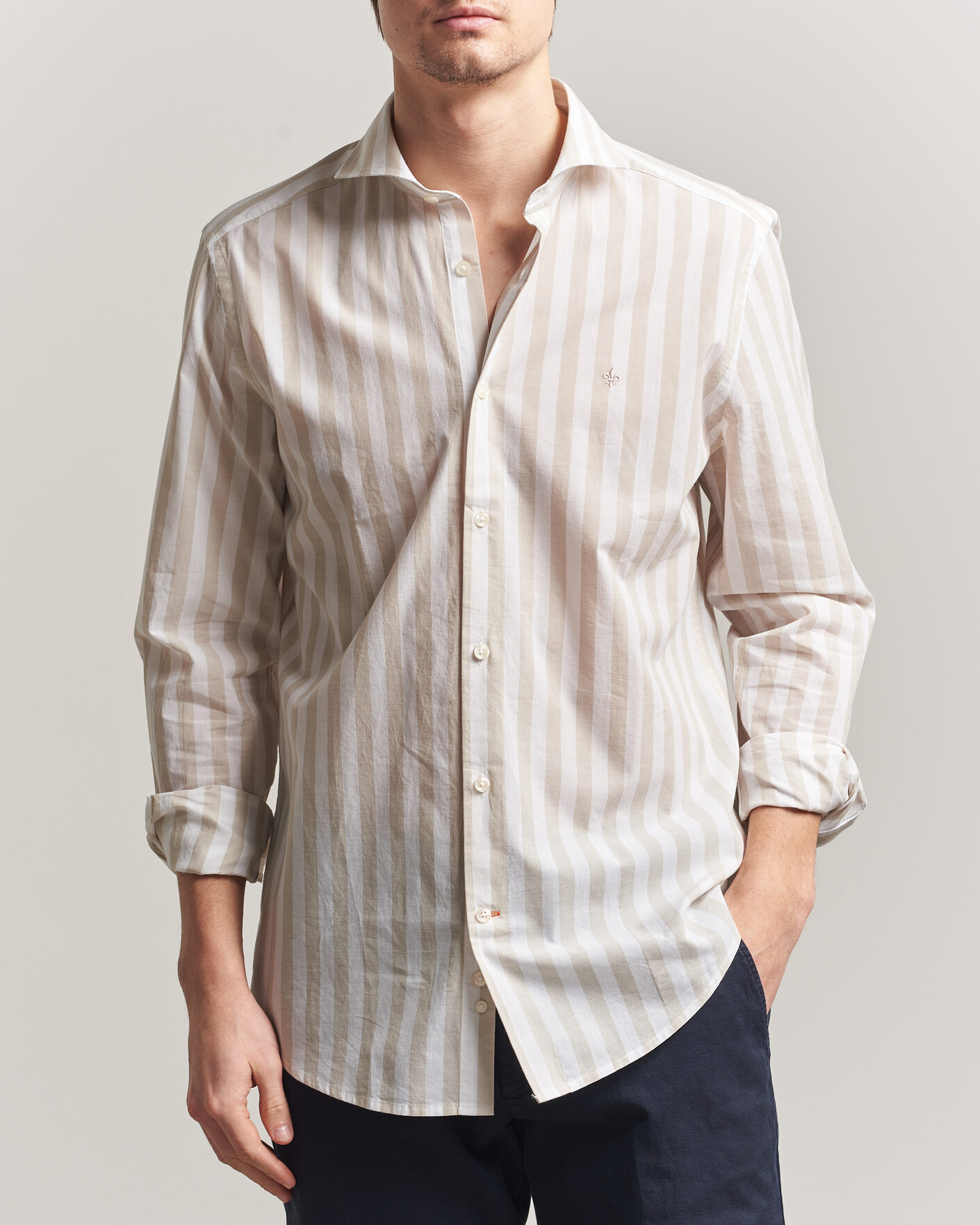 Men | Shirts | Morris | Summer Striped Lighweight Shirt Khaki/White