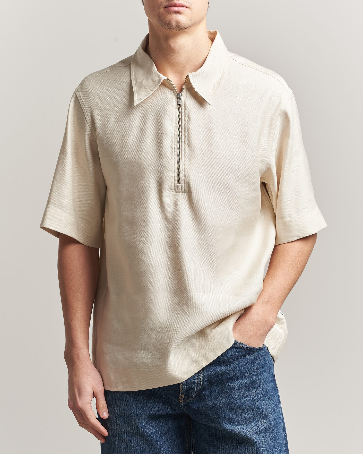 Men | Polo Shirts | NN07 | Bruno Linen/Viscose Half Zip Polo Ivory