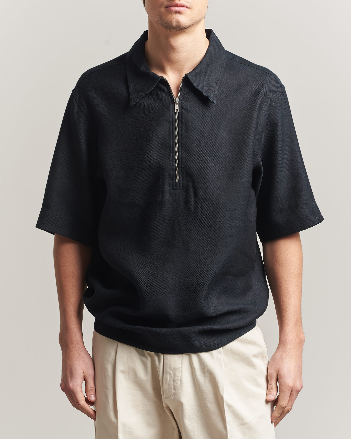 Men | Polo Shirts | NN07 | Bruno Linen/Viscose Half Zip Polo Black