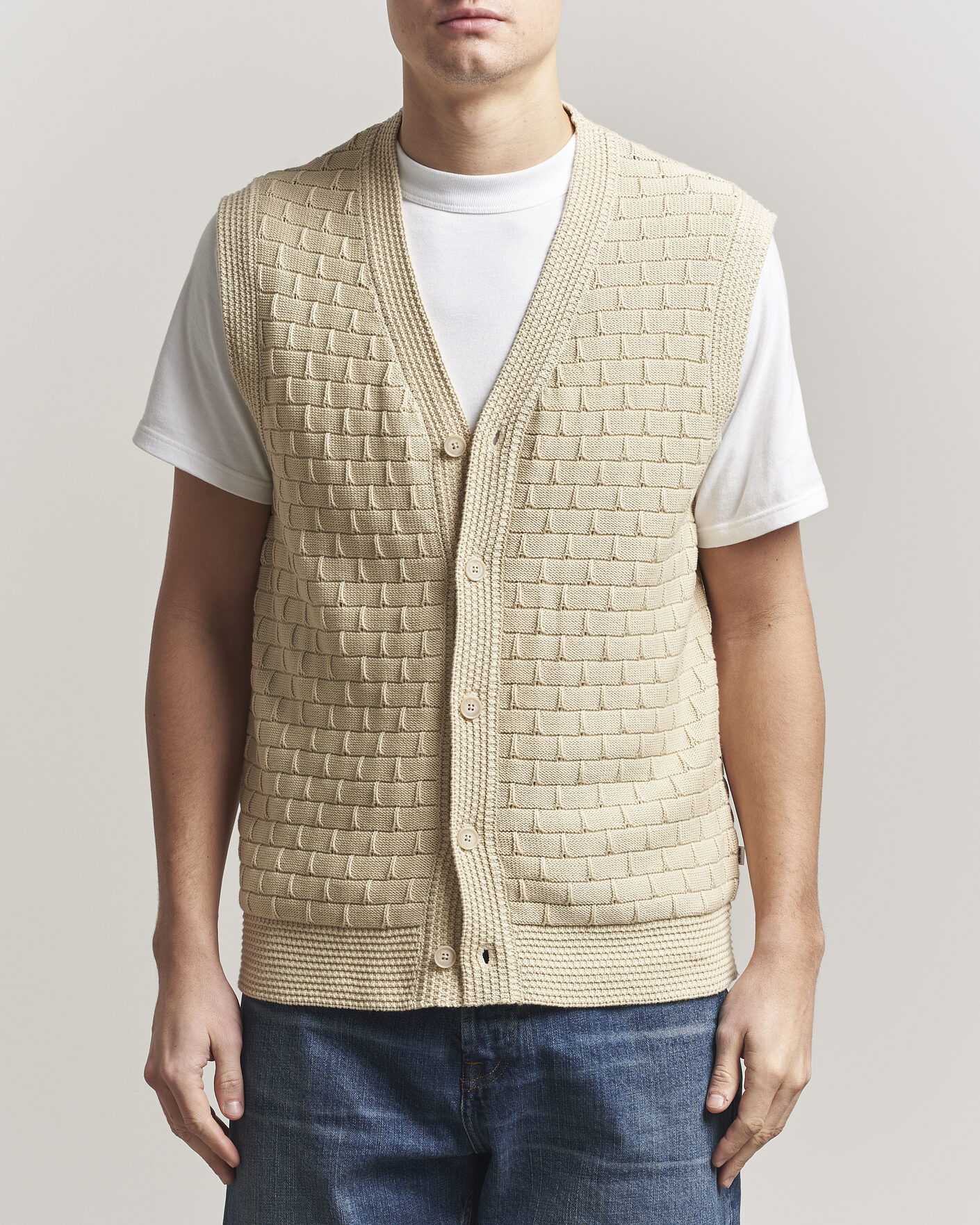 FRED PERRY × BEAMS / 別注 Cable Knit Vest Fred Perry Cable Knitted Tennis Vest Ecru at CareOfCarl.com