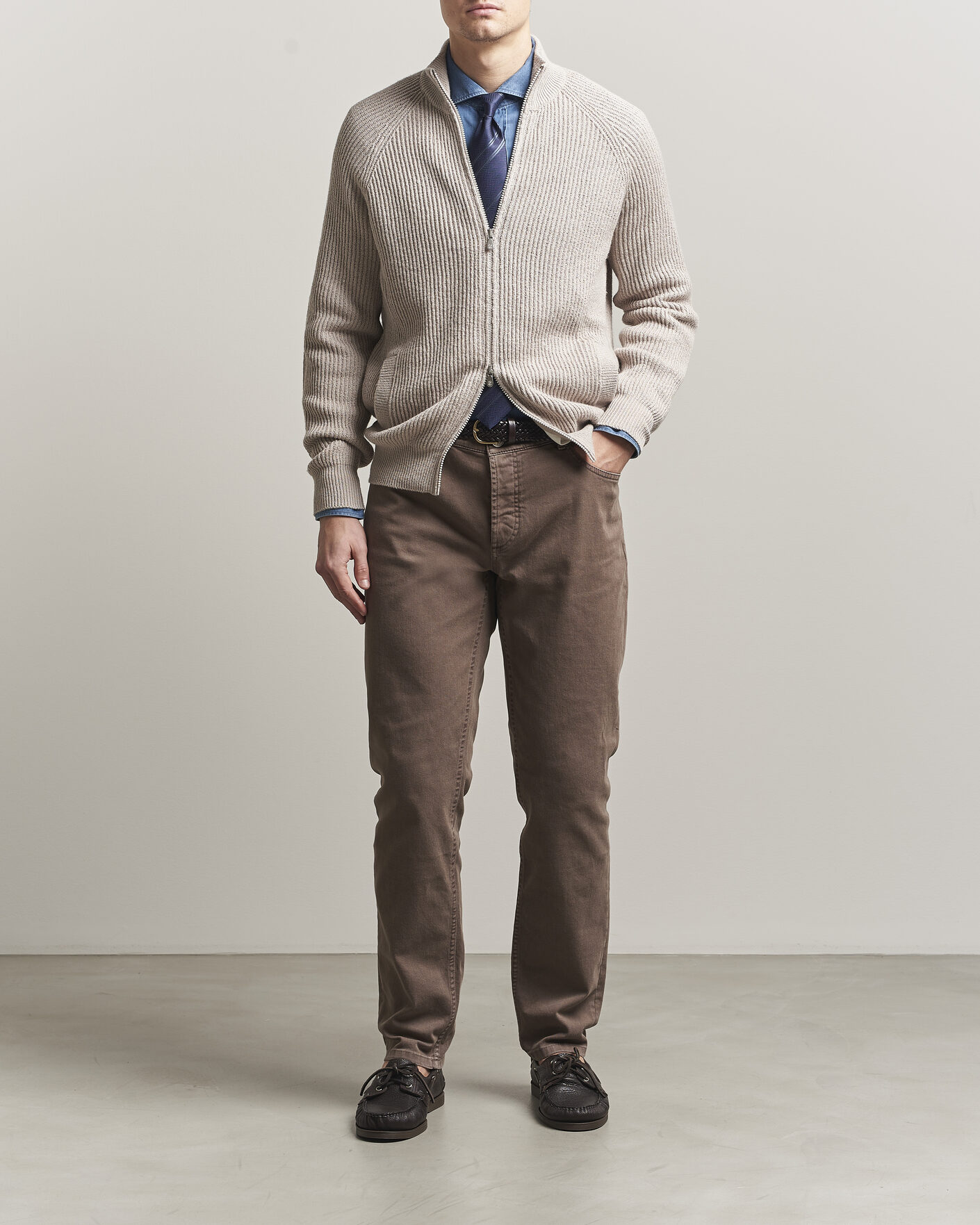 Brunello Cucinelli Heavy Cotton Rib Zip Cardigan Beige at