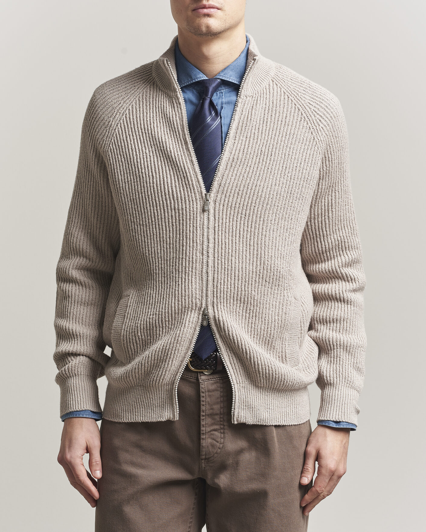Brunello Cucinelli Heavy Cotton Rib Zip Cardigan Beige at