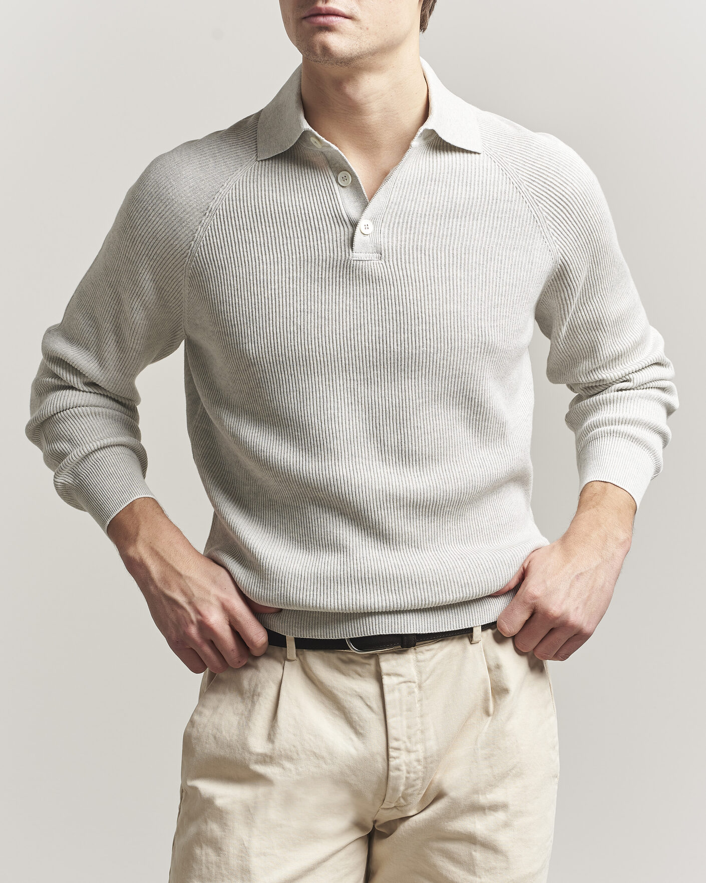 Men | Sweaters & Knitwear | Brunello Cucinelli | Cotton Rib Knitted Long Sleeve Polo Light Grey