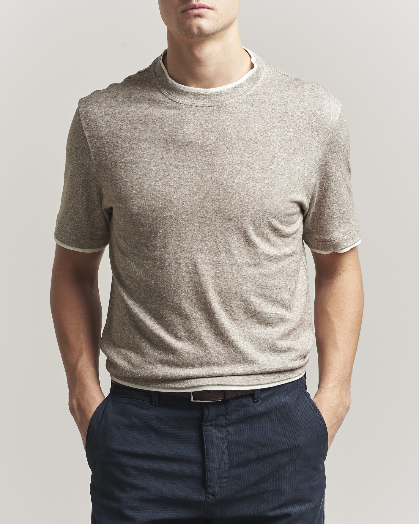 Brunello Cucinelli Double Collar Linen T-Shirt Brown at CareOfCarl.com