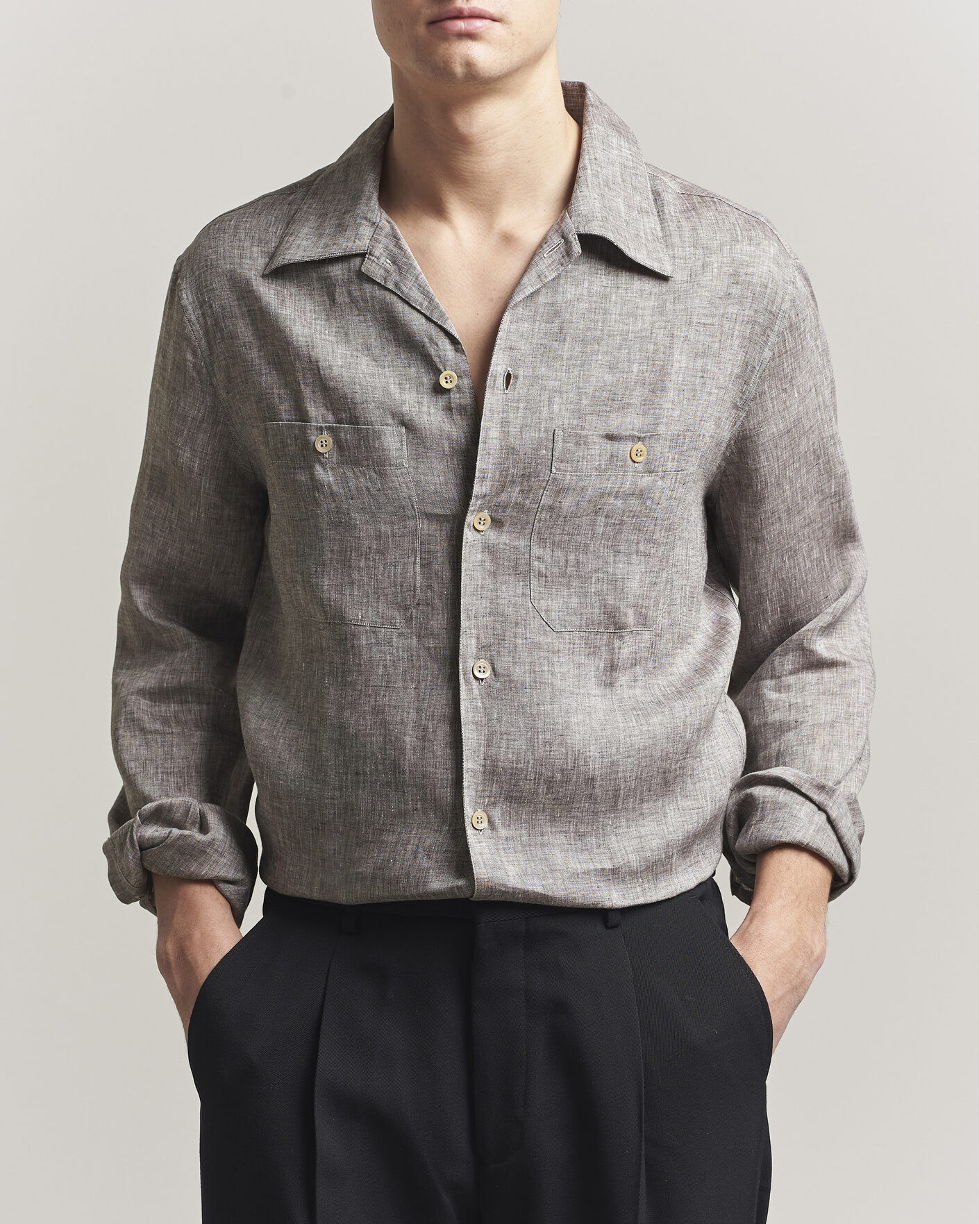 Men | Shirts | Brunello Cucinelli | Linen Double Pocket Camp Shirt Brown