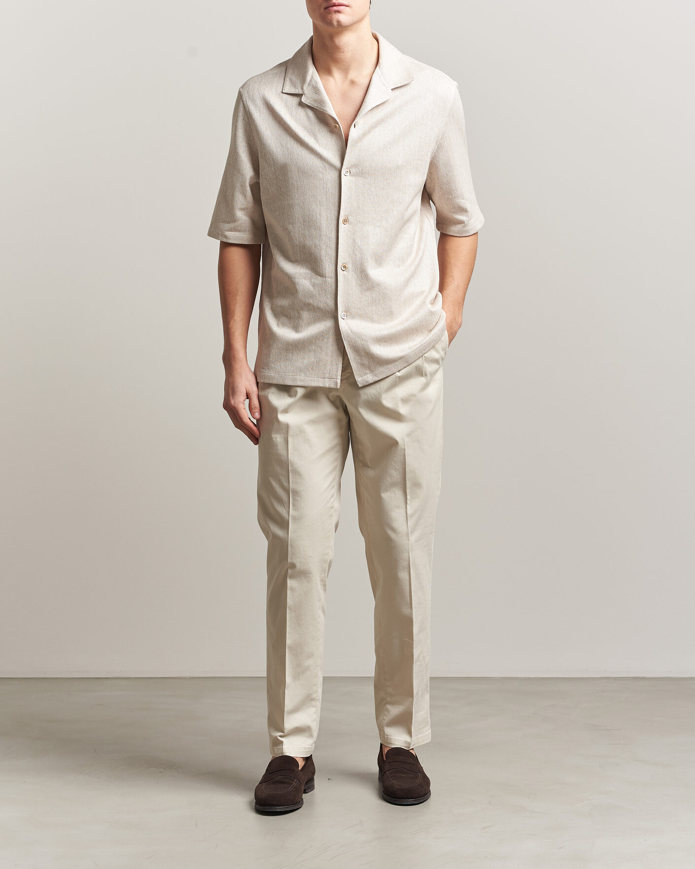 Men | Shirts | Brunello Cucinelli | Linen Herringbone Camp Shirt Light Beige