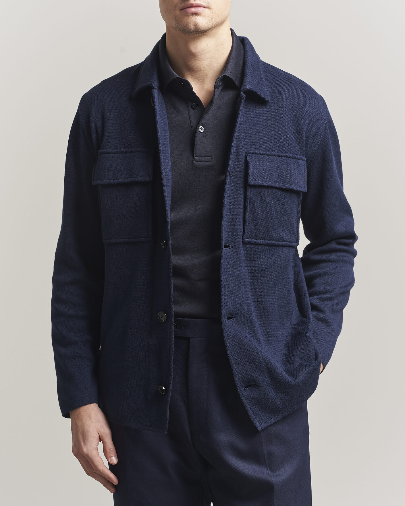 Men | Blazers | Lardini | Knitted Cotton Pocket Shirt Jacket Navy