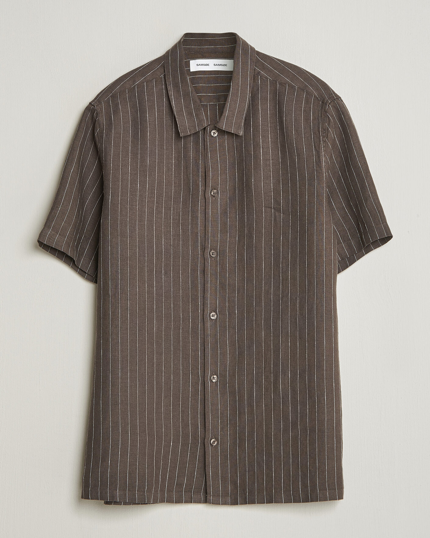 Men | Shirts | Samsøe Samsøe | Avan Linen Striped Short Sleeve Shirt Black Olive