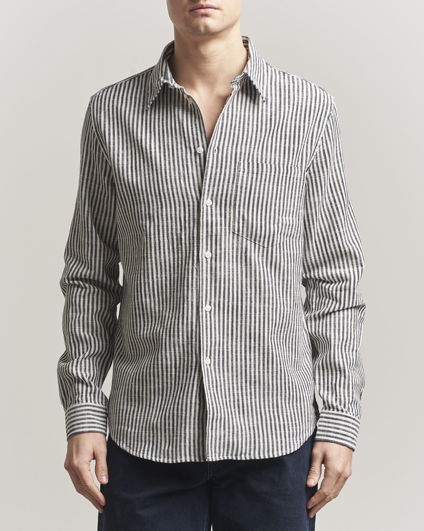 Men | Shirts | Samsøe Samsøe | Liam Cotton/Linen Striped Shirt Salute Navy