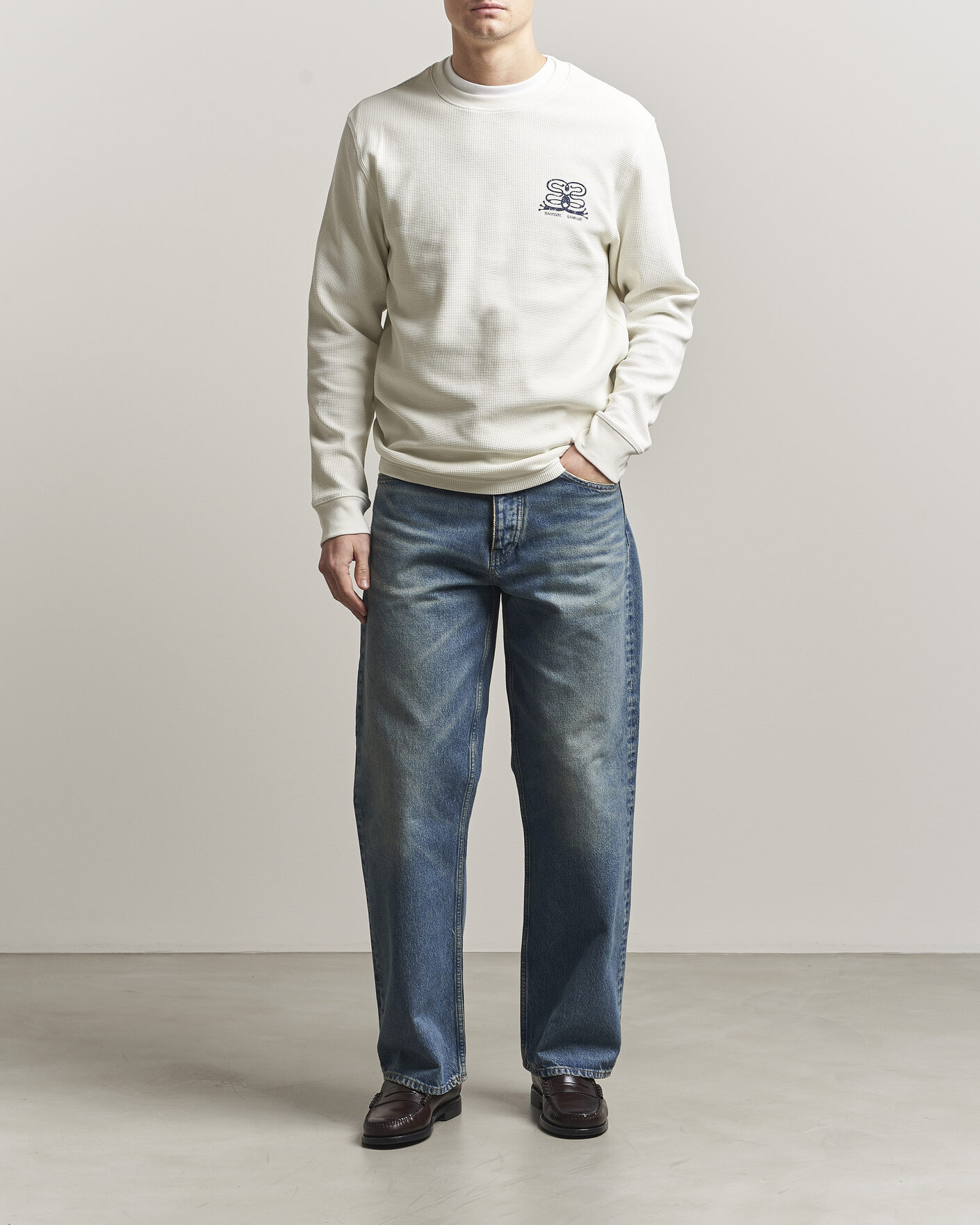 Men | T-Shirts | Samsøe Samsøe | Fellow Waffle Printed Long Sleeve T-Shirt Clear Cream