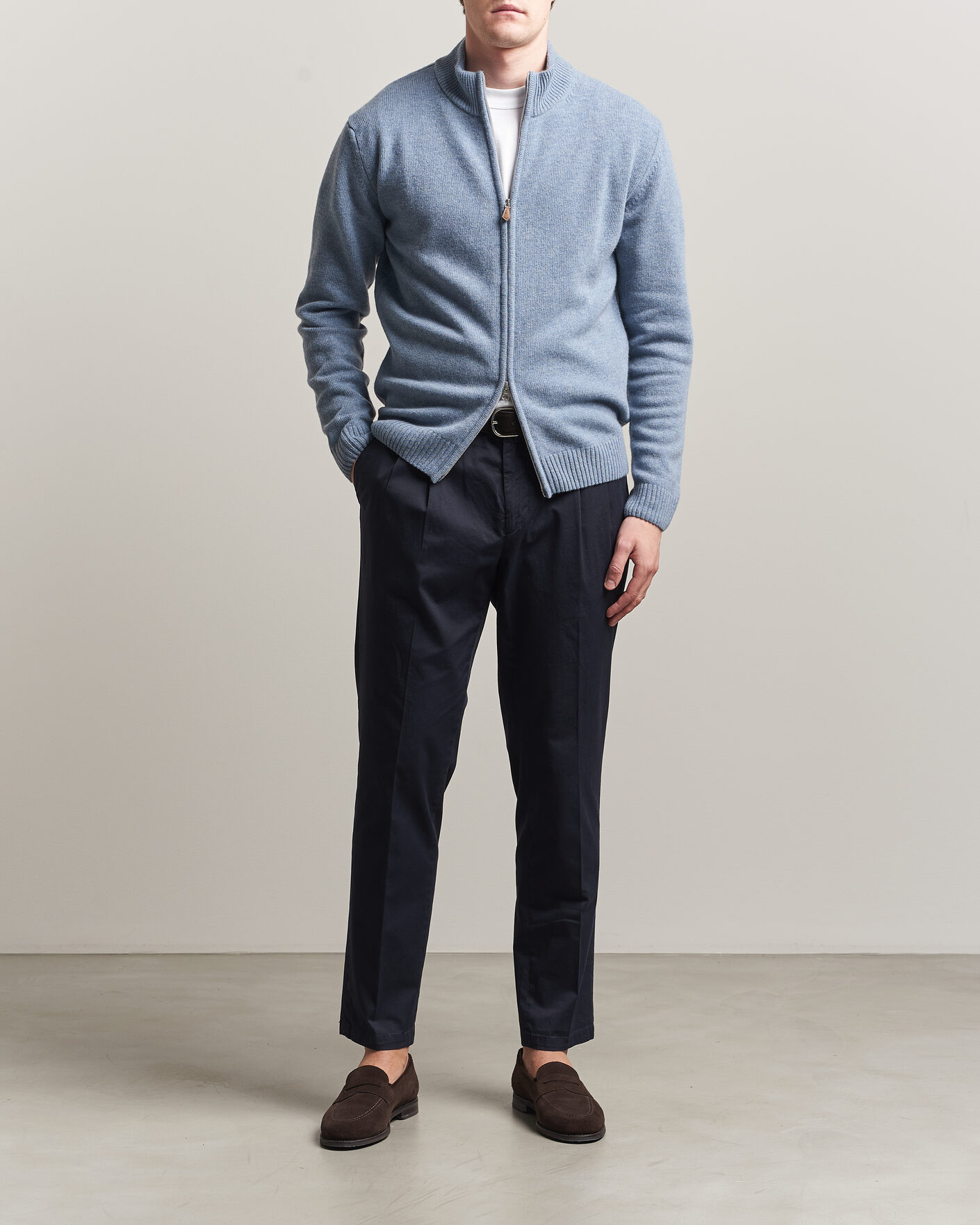Men | Sweaters & Knitwear | Stenströms | Brushed Merino Full Zip Light Blue