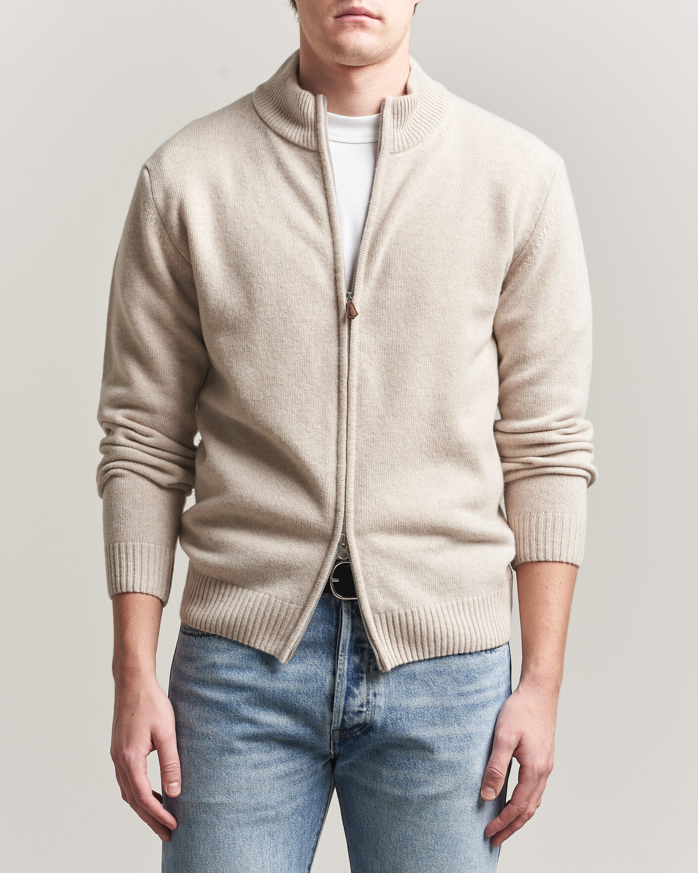 Men | Sweaters & Knitwear | Stenströms | Brushed Merino Full Zip Beige