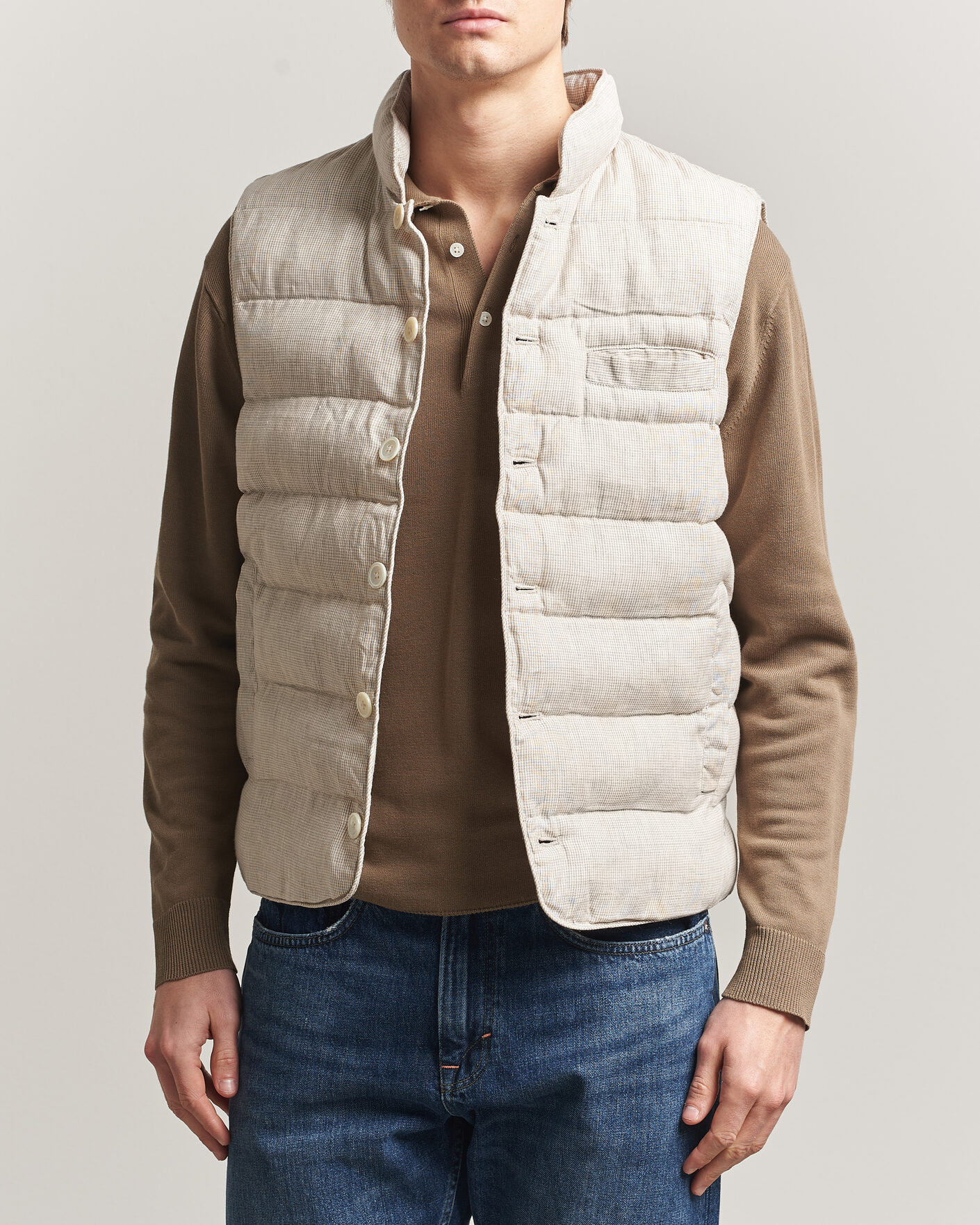 Men | Gilets | Stenströms | Padded Mini Houndstooth Linen Vest Beige