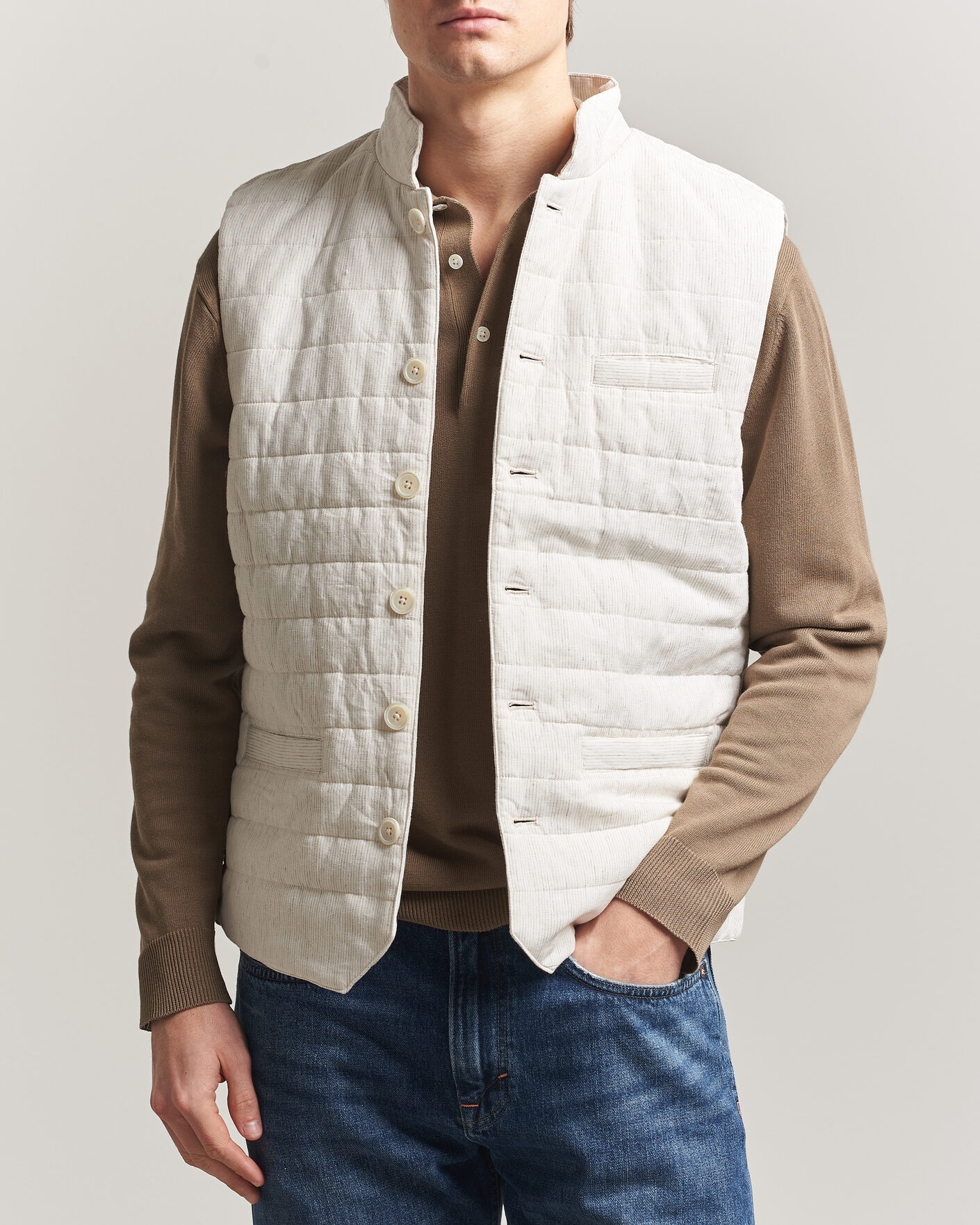 Men | Gilets | Stenströms | Mid Layer Pin Stripe Linen Vest Off White