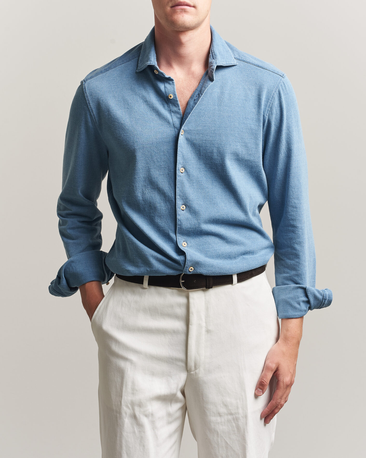 Men | Shirts | Stenströms | Jersey Denim Shirt Blue