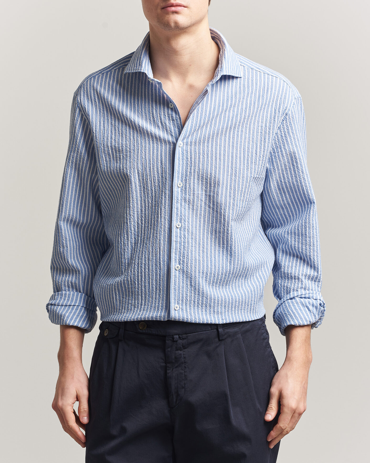 Men | Shirts | Stenströms | Regular Fit Striped Seersucker Shirt Blue